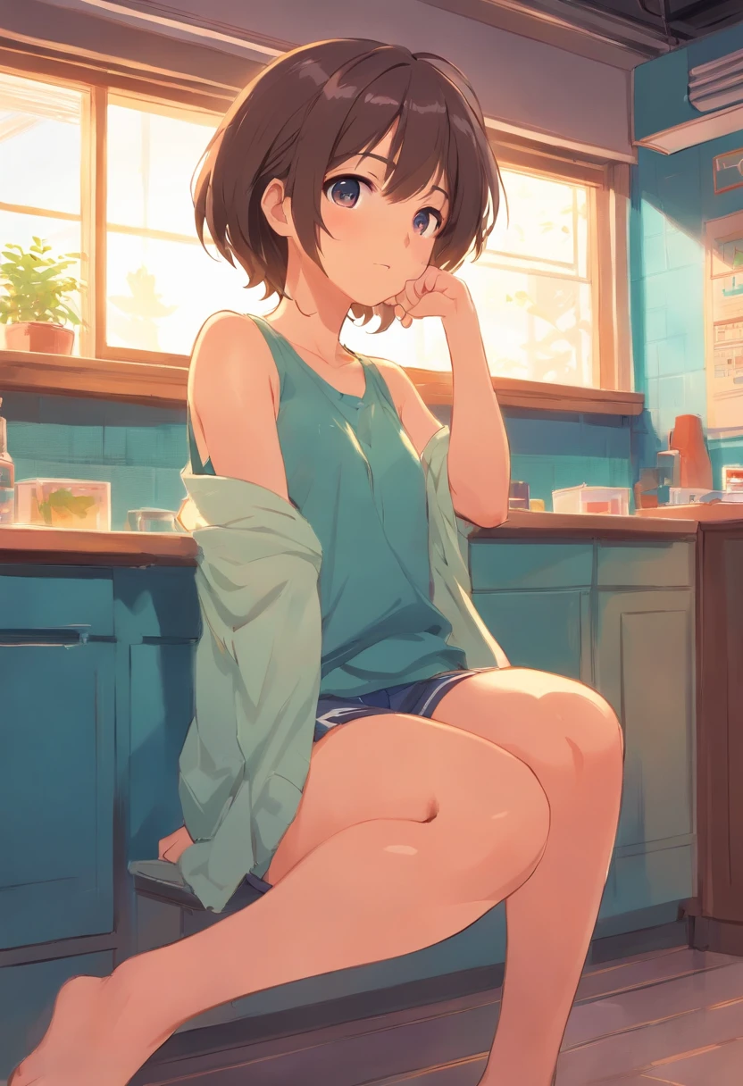 Cute girl, top down, bottom up, butt cheeks exposed, looking behind, embarrassed