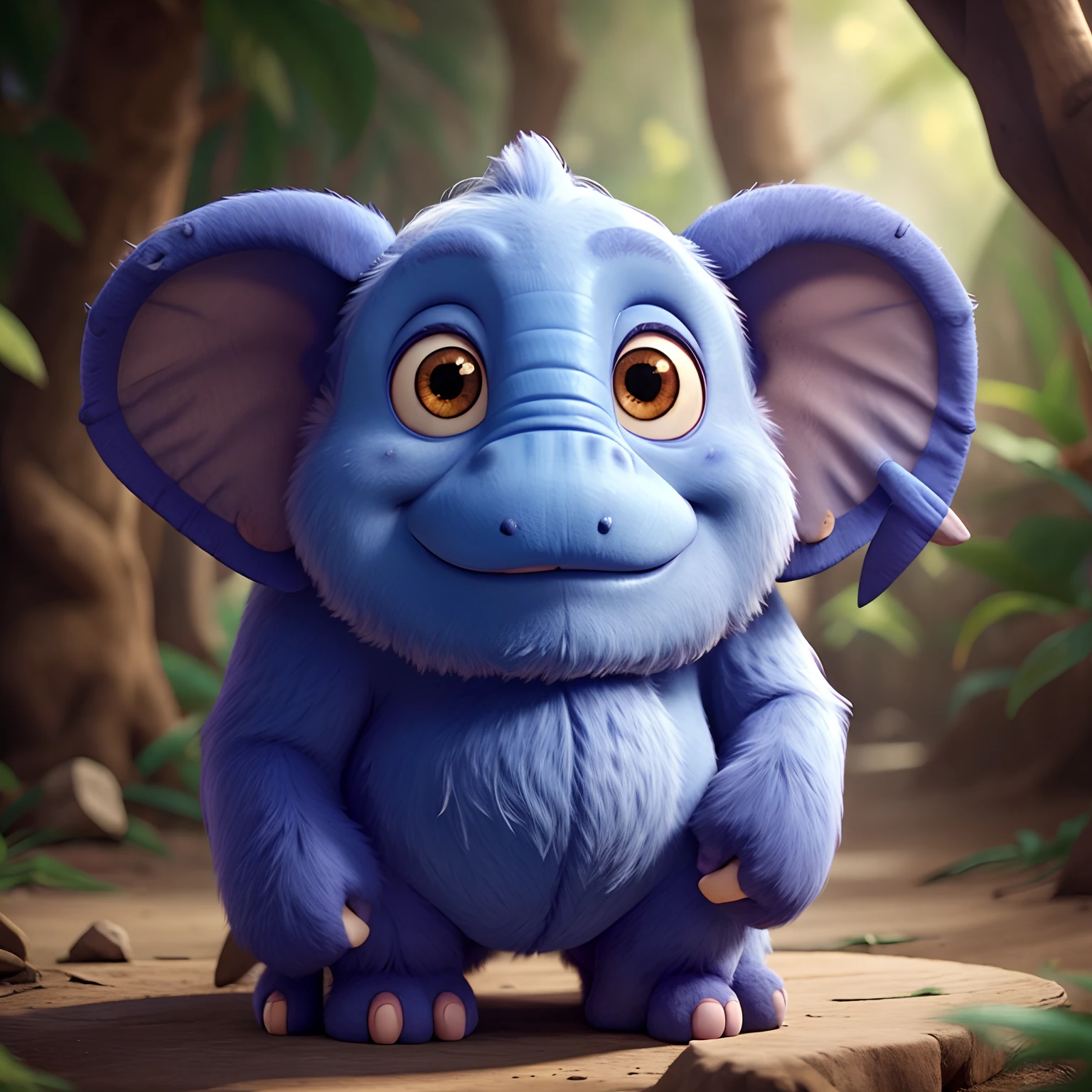 a magical creature, fusion of an elephant and a monkey, big eyes, cute, furry, fluffy, non-human, depth of field