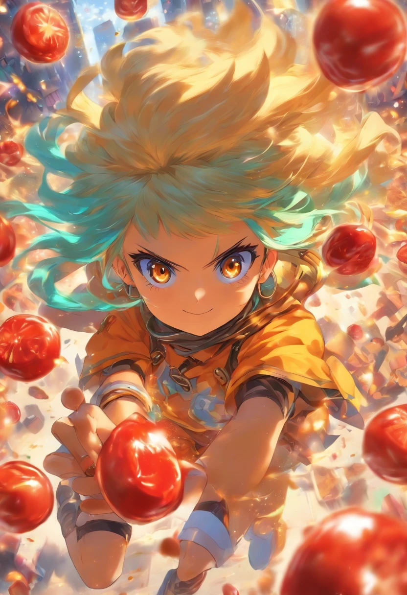 una chica , pelo rubio corto, ojos marrones preciosos , bolsas de ketchup de pendientes, bata de cientifica, estilo konosuba