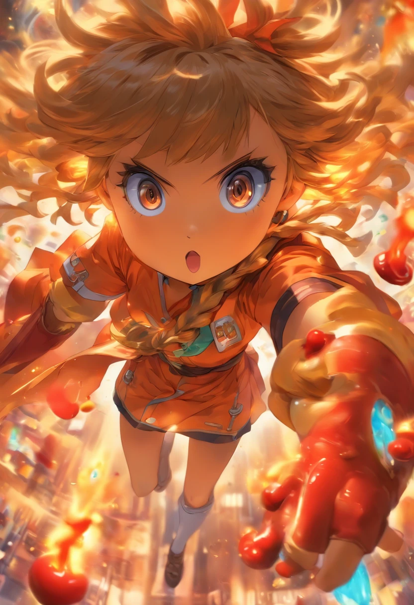 una chica , pelo rubio corto, ojos marrones preciosos , bolsas de ketchup de pendientes, bata de cientifica, estilo konosuba