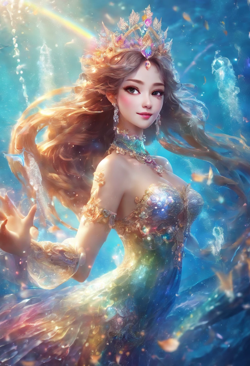 ((Photorealistic mermaid,Half Japan and half Spanish,A detailed face,Very large waterfall,huge waterfall,The power of the waterfall,The biggest smile staring at the camera,Brown hair,Iridescent scales,Rainbow glowing scales)),((blue-sky,Wide blue sky,Blue summer sky,Shining splashes,Splashes as fine as mist,Beautiful clear water,rays of sunshine,Crisp and detailed background,There is a rainbow hanging over it)),((with an intricate, Finely shining scales,Full Body Jewelry Decoration,The Most Gorgeous Princess Costume,The most gorgeous decoration,Intricate jewels all over her body,de pele branca,fair glowing skin,Detailed her face,Glowing scales,Very finely drawn scales,Giant Tiara)),((Mermaid tail,beautiful tail,Looking at the camera,Big smile,White teeth,Perfect smile,A big smile staring at the camera),((high-definition RAW color photography, professional photograpy, extremely delicate and beautiful, Extremely detailed,finely detail, Huge file size,Top image quality,8K,Photos taken with a single-lens reflex camera))