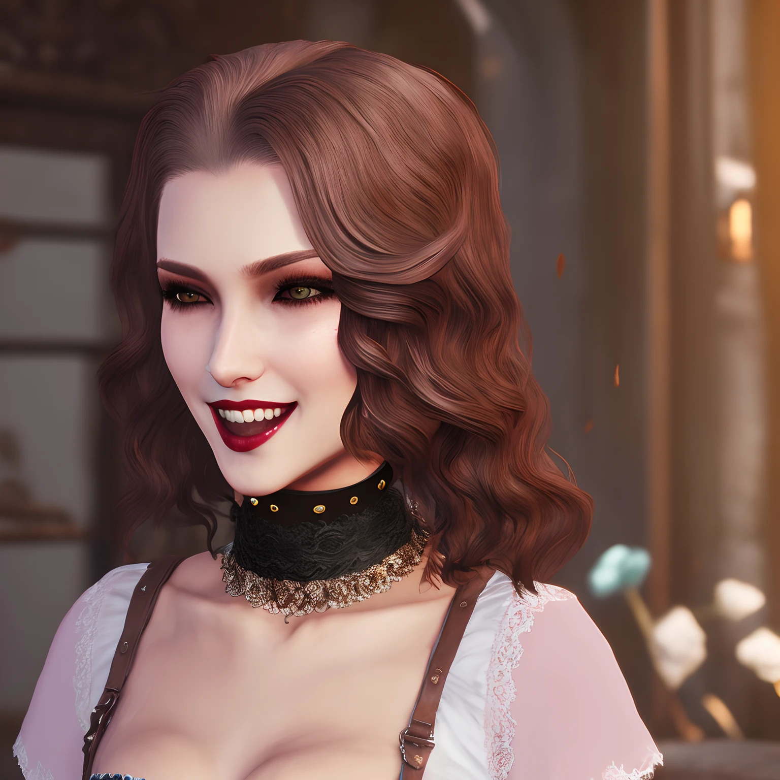 pale woman with long mauve red wavy wolf-cut and dark lips and browns eyes, in a fight, laughing mischievously, wearing makeup, white short sleeve blouse and brown corset, wearing a choker, mischievous woman, sassy woman, digital art, devil may cry 5 style, capcom