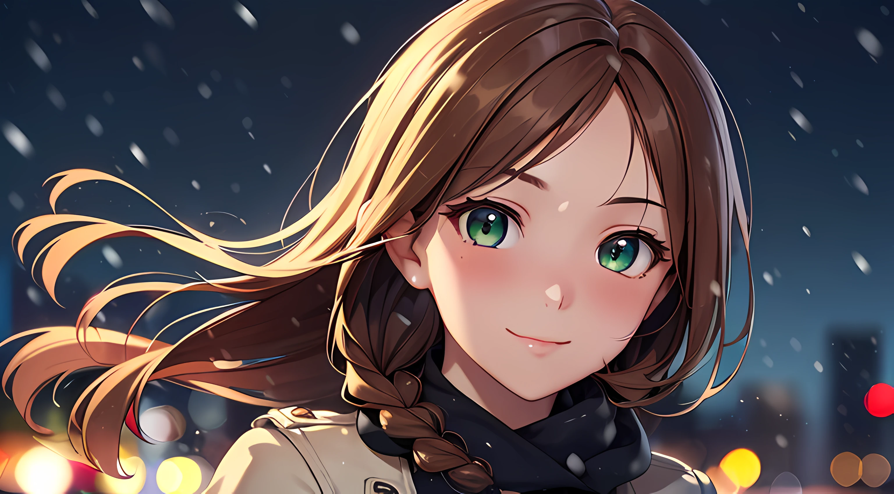 ((masterpiece, best quality, high resolution, UHD, perfect pixel, depth of field, 4k, RTX, HDR, extremely detailed)), 1girl, single, solo, 24 years old, beautiful anime girl, beautiful art style, anime character, sly smile, beautiful smile, ((long hair, braided hair, brown hair)), (green eyes:1.4, rounded eyes, beautiful eyelashes, realistic eyes, extremely detailed pupil), (detailed face, blushing:1.2), (smooth texture:0.75, realistic texture:0.65, photorealistic:1.2, cinematic, anime CG style), medium breasts, perfect body, busty, (dynamic angle, POV, close up), ((winter clothes, long coats, mittens, gloves, long underwear)), night, city lights, bokeh:1.4, (outdoor, city buildings, crowd), ((winter, snowfall:1.8, wind, wind blows)), (graceful, prestigious, glorious, elegant)