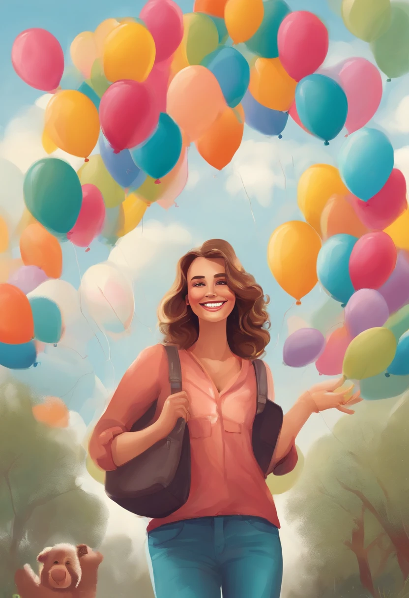 Une illustration d'un personnage souriant et positif, surrounded by colorful balloons. The character is holding a sign with a positive or funny message written on it, comme "La vie est belle" ou "Rires et sourires".