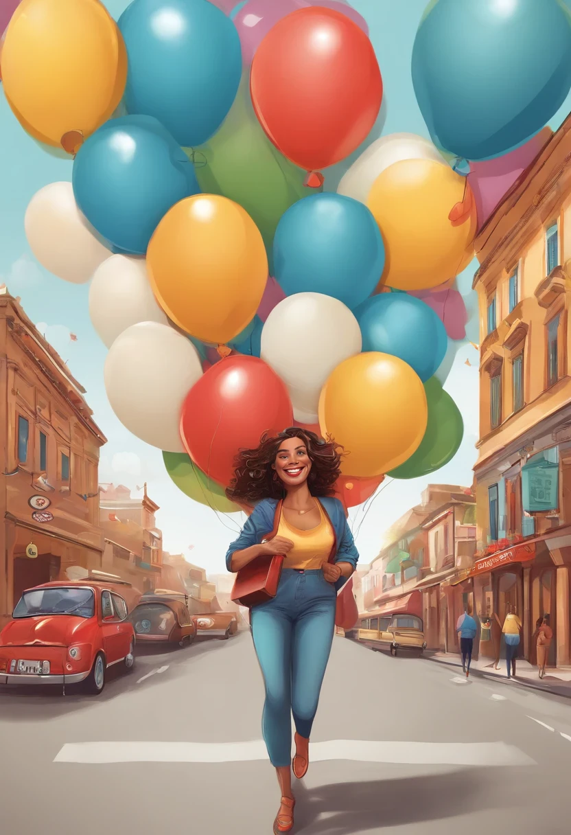 Une illustration d'un personnage souriant et positif, surrounded by colorful balloons. The character is holding a sign with a positive or funny message written on it, comme "La vie est belle" ou "Rires et sourires".