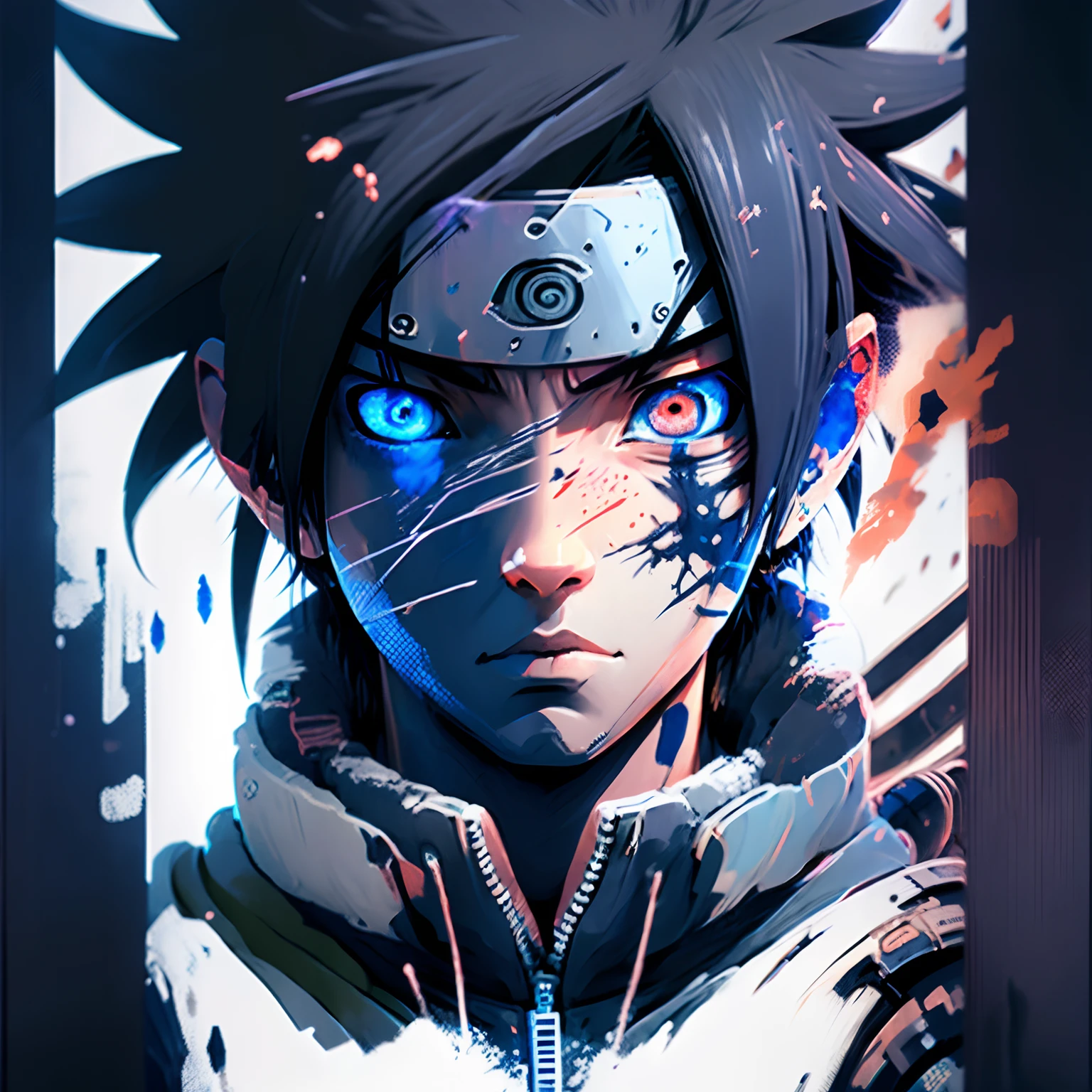 Naruto Uchiha in the hood, Black hair, one blue eye, one red eye