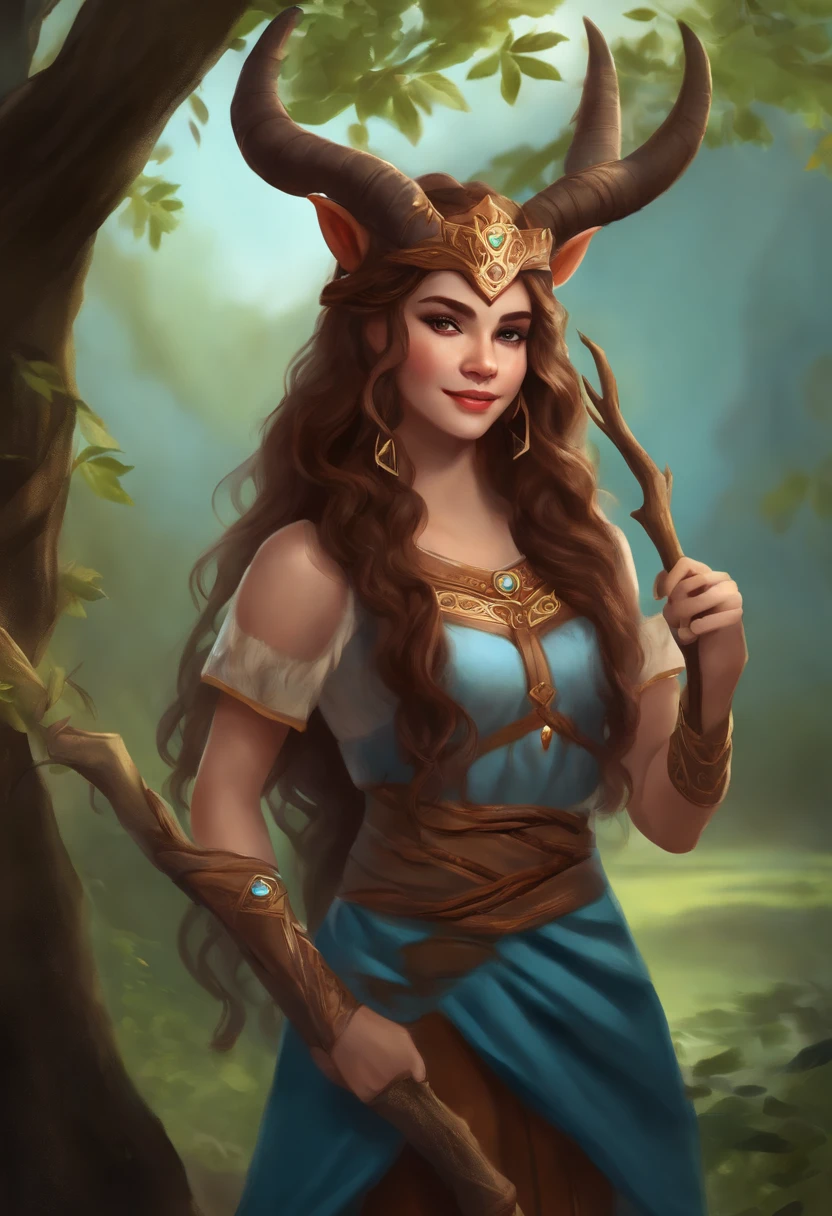 19-year-old Tiff Lindruid girl standing in nature background,The art style is dungeon & Dragon roleplay style。She has long brown hair,Hair is slightly curly,Light blue pupils and fair skin。She wears a druid-style animal skin plant costume,On the forehead grow two small demon horns, Bend backwards 。The expression is a confident smile, looking at the screen。 Holding an oak stick in his hand