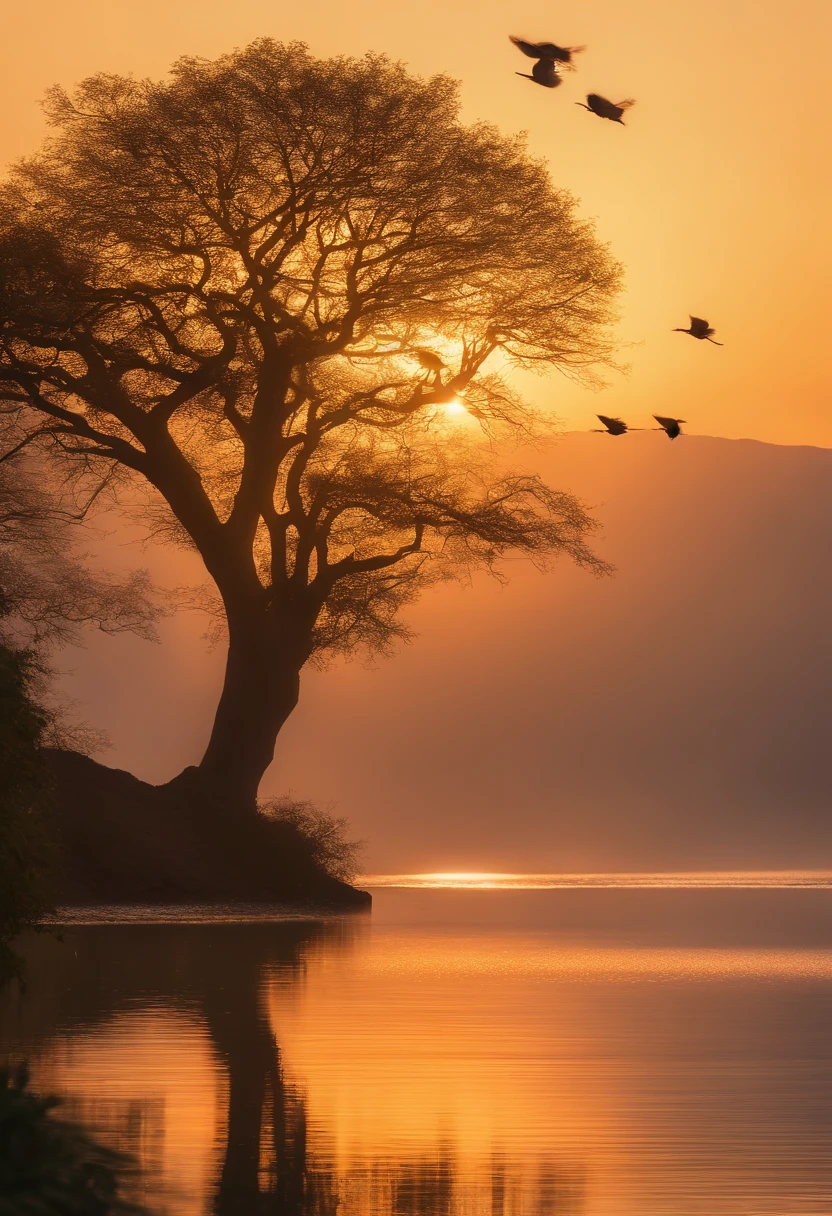Peaceful scenery at dawn, Soft gold tones depict the horizon where birds sing, Onohana，A towering tree，Image in 2560 x 1440 pixel format