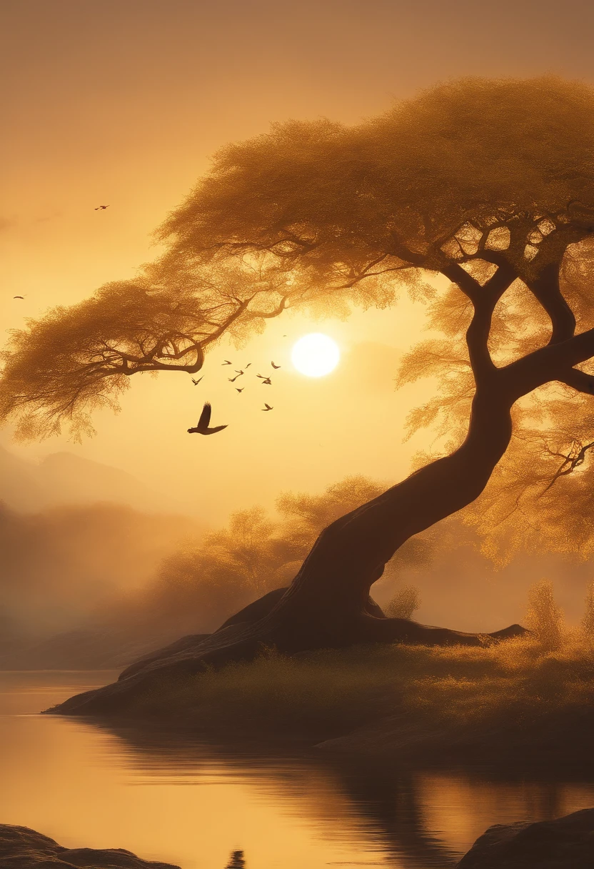 Peaceful scenery at dawn, Soft gold tones depict the horizon where birds sing, Onohana，A towering tree，Image in 2560 x 1440 pixel format