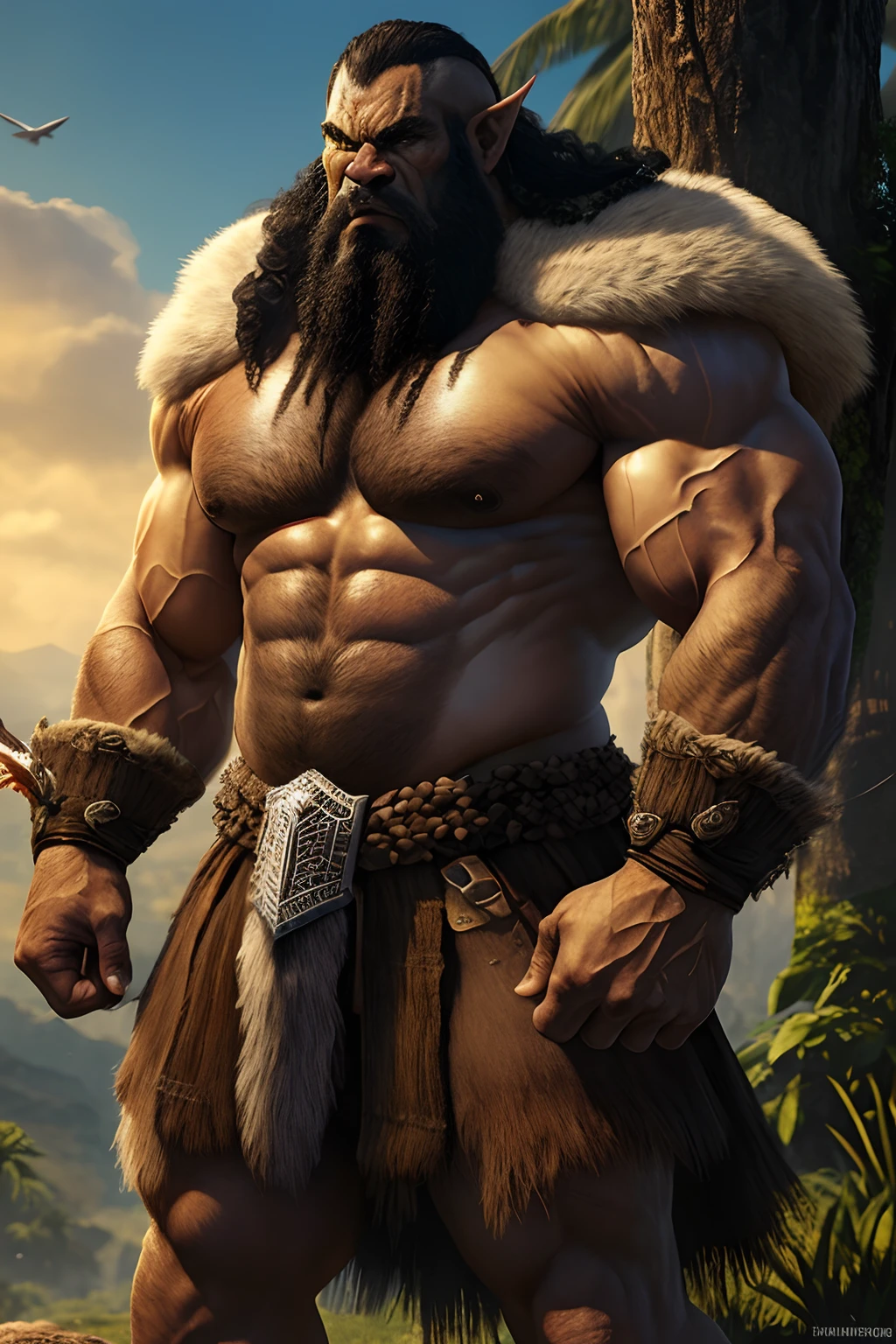 Obra prima, melhor qualidade, um velho feiticeiro orc macho, usando tunica, capuz, cabelos brancos, segurando um cajado, ultra detalhado, 8k, muito reailista