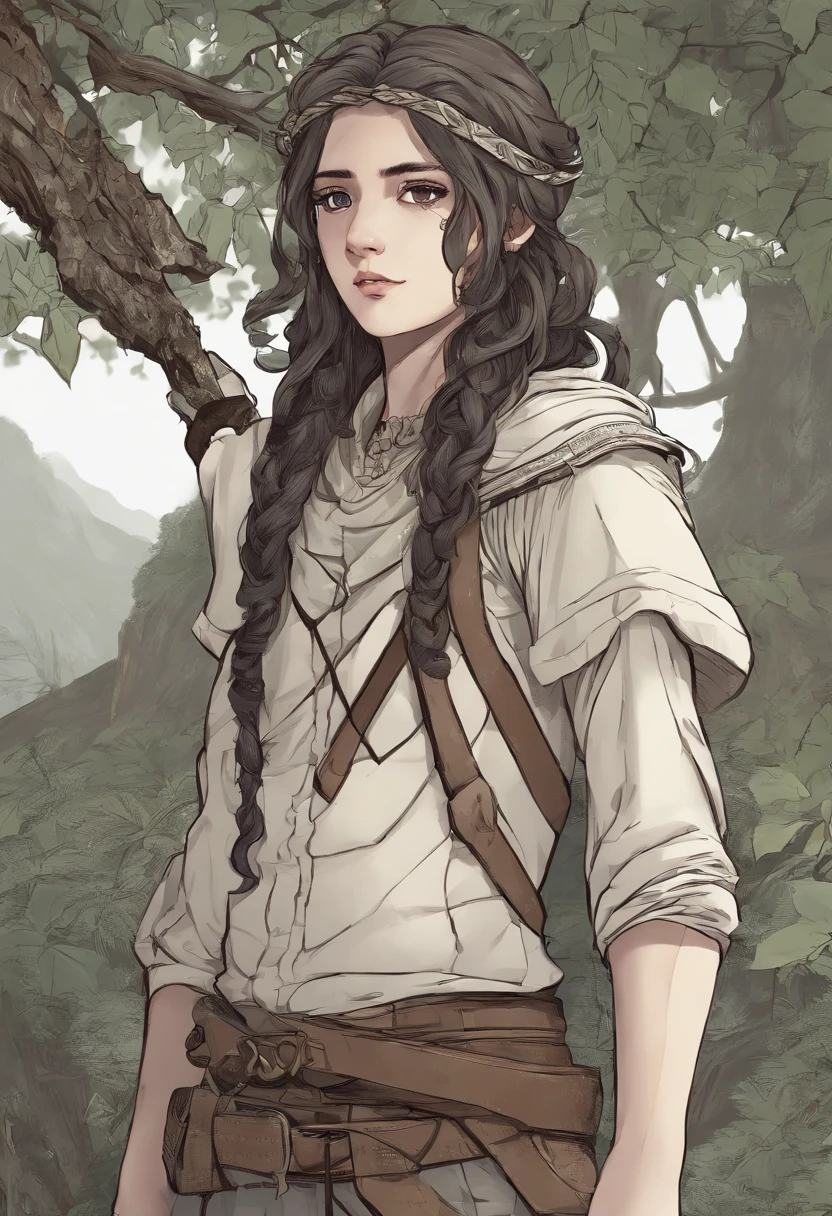 19-year-old Tiff Lindruid girl standing in nature background,The art style is dungeon & Dragon roleplay style。She has long brown hair,Hair is slightly curly,Light blue pupils and fair skin。She wears a druid-style animal skin plant costume,On the forehead grow two very small demon horns, Bend backwards 。The expression is a cute smile, looking at the screen。 Holding an oak stick in his hand