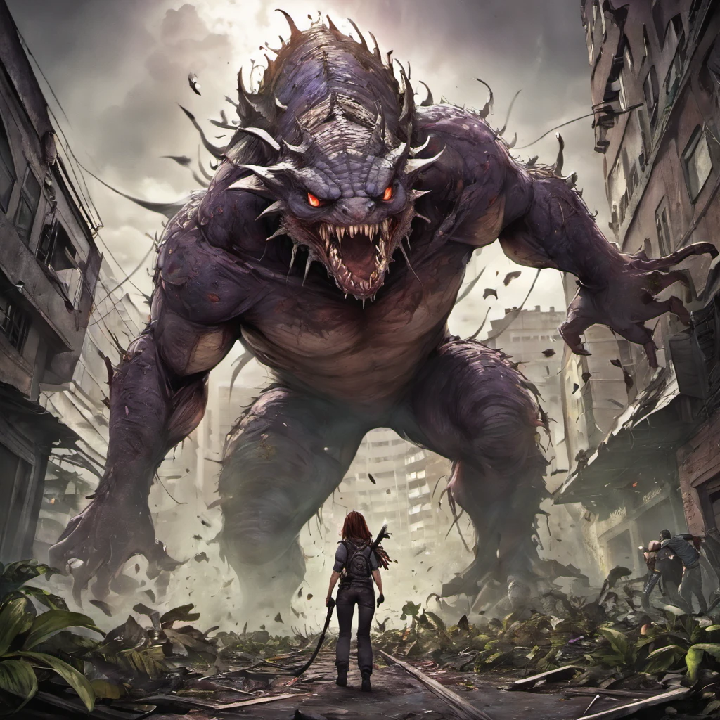 um monstro gigante com um corpo de lagarto, dorso frondoso com espinhos de plantas e folhas, Spitting acid on the floor,Cidade devastada,last of us:1.05, ultra-detalhado,Tamanho Enorme,natureza destrutiva, Sinister presence,fierce expression,olhar intenso,Defaced Buildings,destroyed vehicles,Ruined infrastructure overrun by vegetation, plantas e flores ,atmosfera escura e sombria,Smoke and debris filling the air,epic battle scene,humanos fugindo apavorados,metal retorcido e concreto quebrado,ruas desoladas,silhueta nebulosa do monstro,apocalyptic scenery,surreal lighting,Ominous clouds,folhagem deteriorada,Ominous shadows,cores silenciadas,Texture of decaying structures,Post-apocalyptic monstrosity, no estilo anime