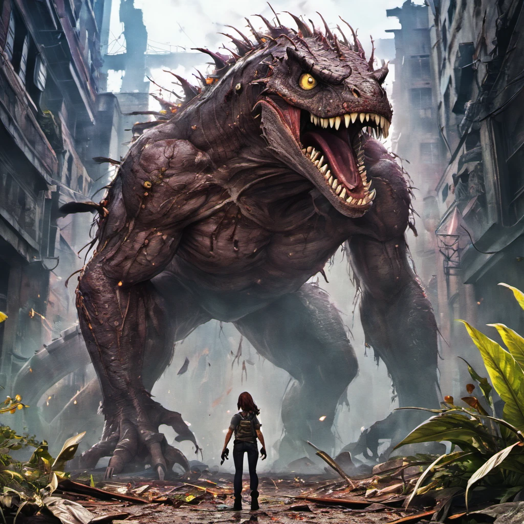 um monstro gigante com um corpo de lagarto, dorso frondoso com espinhos de plantas e folhas, Spitting acid on the floor,Cidade devastada,last of us:1.05, ultra-detalhado,Tamanho Enorme,natureza destrutiva, Sinister presence,fierce expression,olhar intenso,Defaced Buildings,destroyed vehicles,Ruined infrastructure overrun by vegetation, plantas e flores ,atmosfera escura e sombria,Smoke and debris filling the air,epic battle scene,humanos fugindo apavorados,metal retorcido e concreto quebrado,ruas desoladas,silhueta nebulosa do monstro,apocalyptic scenery,surreal lighting,Ominous clouds,folhagem deteriorada,Ominous shadows,cores silenciadas,Texture of decaying structures,Post-apocalyptic monstrosity, no estilo anime