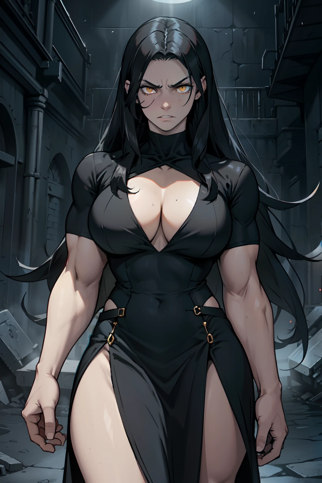 pale skin muscular toned body bodybuilder huge breasts black hair yellow eyes angry 1girl long black dress cowboy shot very long hair kingdom hall background dark atmosphere deep cut cleavage