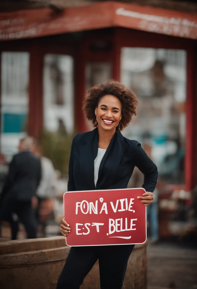A realistic photo of a smiling, positive character, in a funny place. The character is holding a sign with a positive or funny message written on it.., comme "La vie est belle"