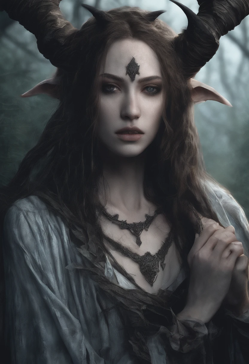 19-year-old Tiff Lindruid girl standing in nature background,The art style is dungeon & Dragon roleplay style。She has long brown hair,Hair is slightly curly,Light blue pupils and fair skin。She wears a druid-style animal skin plant costume,On the forehead grow two very small demon horns, Bend backwards 。The expression is a cute smile, looking at the screen。