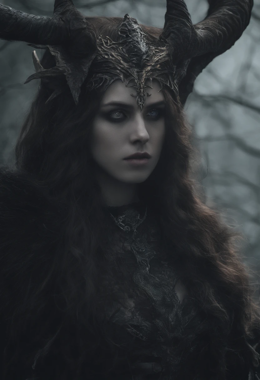 19-year-old Tiff Lindruid girl standing in nature background,The art style is dungeon & Dragon roleplay style。She has long brown hair,Hair is slightly curly,Light blue pupils and fair skin。She wears a druid-style animal skin plant costume,On the forehead grow two very small demon horns, Bend backwards 。The expression is a cute smile, looking at the screen。