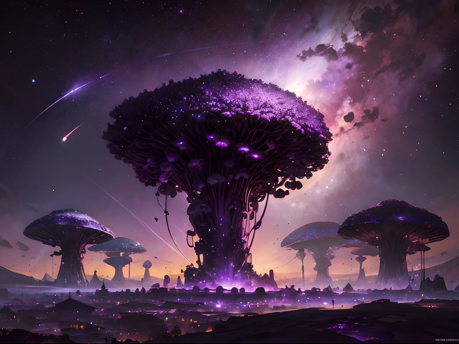 A village surrounded by purple crystals with various cosmic-looking mushrooms, a purple sky with planets in the background, craig mullins.