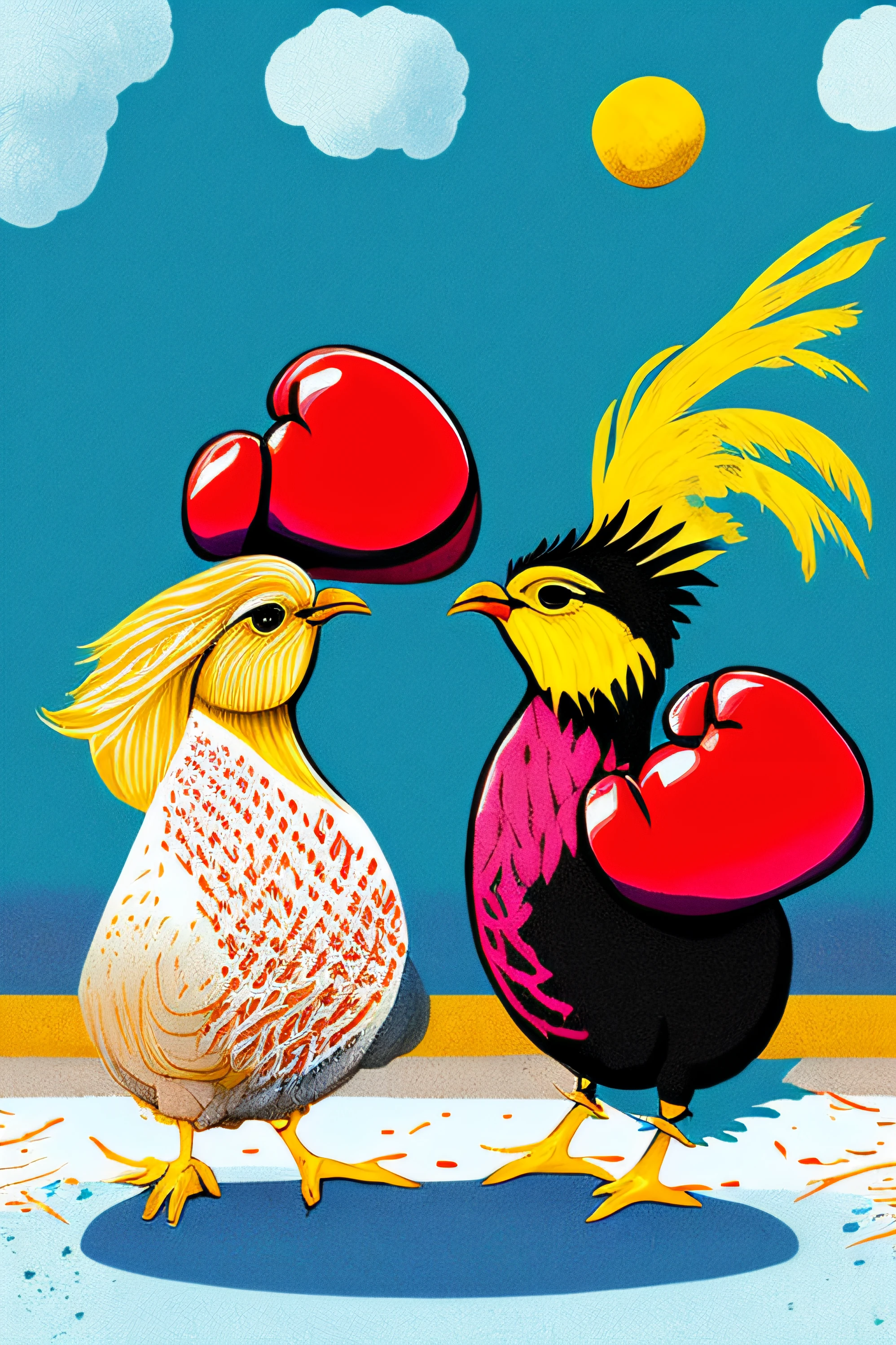 illustration of two animal chickens with red boxing gloves, sneakers on its feet, facing each other, engaging in a fighting match, vivid colors, feather texture