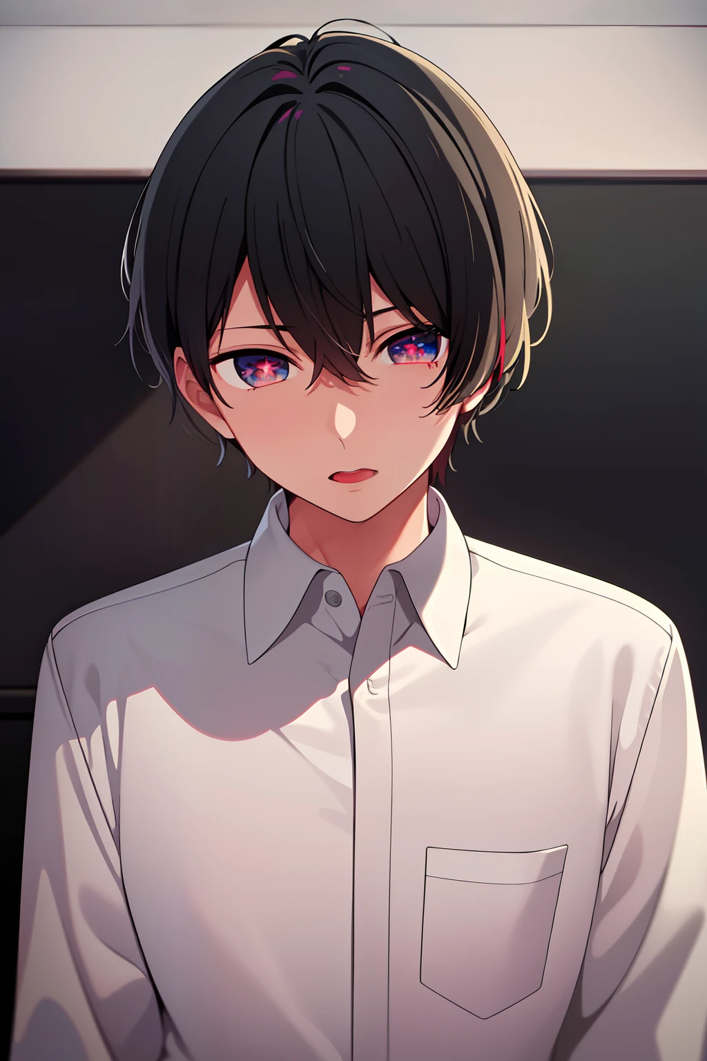 masterpiece, best quality, high quality, 1boy, solo, male focus, looking at viewer, upper body, hoshino_aquamarine, black hair , red eyes symbol-shaped pupils, star \(symbol\),