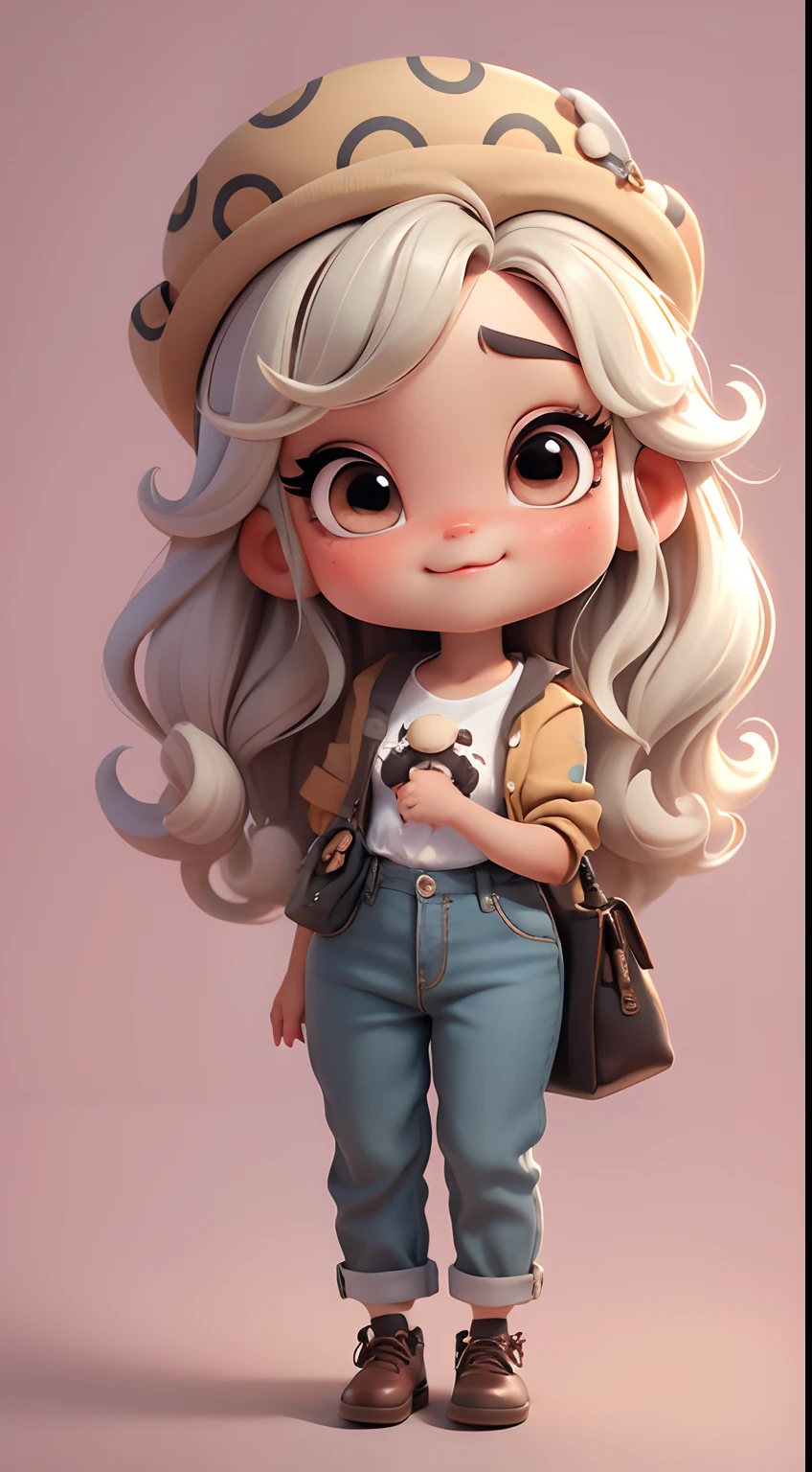 Create a series of cute cute  chibi style dolls with a cute safari theme, each with lots of detail and in an 8K resolution. All dolls should follow the same solid background pattern and be complete in the image, mostrando o (corpo inteiro, incluindo as pernas: 1.5)

Boneca Mini Safari: Chame-a de Marina. Ela deve ter cabelo pequeno em tom preto marrom. Seus olhos devem ser grandes e expressivos, with long eyelashes and rosy cheeks. Sorriso delicado e branco. Marina deve estar vestida com uma jaqueta, Camiseta, pants and an ornate safari hat. She must hold safari accessories. Certifique-se de adicionar detalhes nas roupas, such as buttons and pockets, sapato bonito

Certifique-se de adicionar sombras, texturas e detalhes nos cabelos, roupas, Safari utensils, to make them even more adorable and charming.