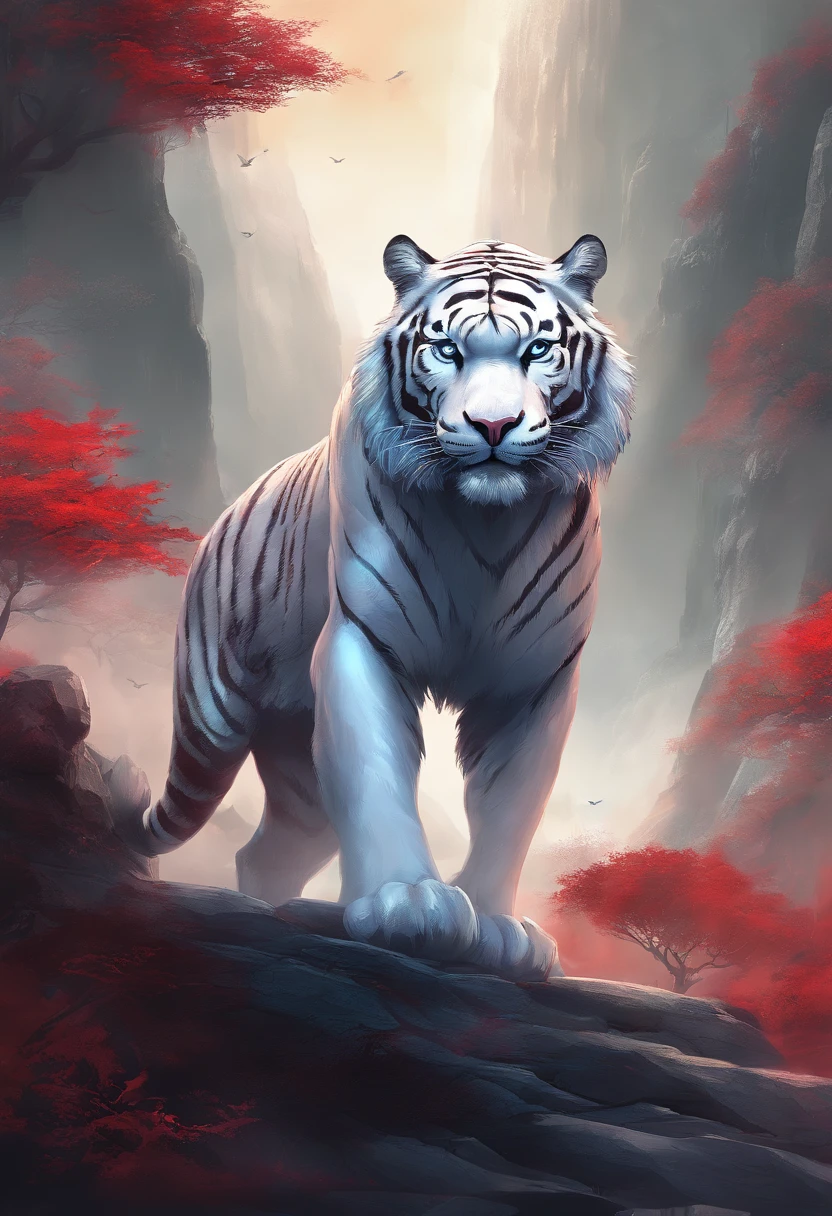 China-style，Chinese mythology，White Tiger，roar，ferocious，gigantic，Eyes glow red，glow effects，High hills，cloudy fog，the night，Medium View Scene，body complet, like a， highly detailed surreal vfx，oc render， - AR 16:9 --q 2 --s 1000