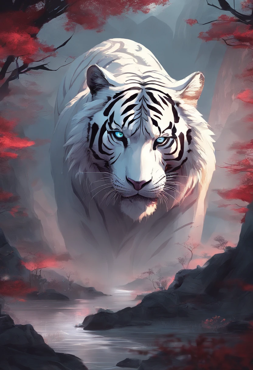 China-style,Chinese mythology,White Tiger,roar,ferocious,gigantic,Eyes glow red,glow effects,High hills,cloudy fog,the night,Medium View Scene,body complet, like a, highly detailed surreal vfx,oc render, - AR 16:9 --q 2 --s 1000