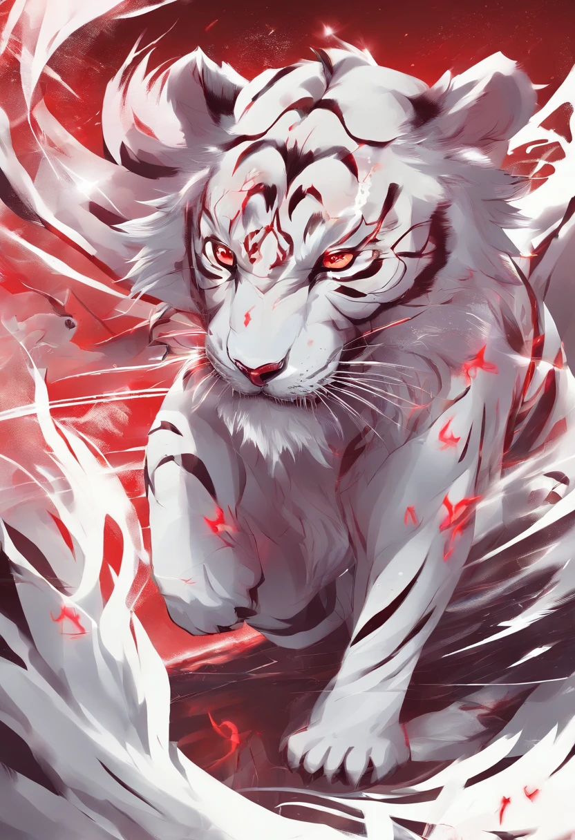 China-style，Chinese mythology，White Tiger，roar，ferocious，gigantic，Eyes glow red，glow effects，High hills，cloudy fog，the night，Medium View Scene，body complet, like a， highly detailed surreal vfx，oc render， - AR 16:9 --q 2 --s 1000