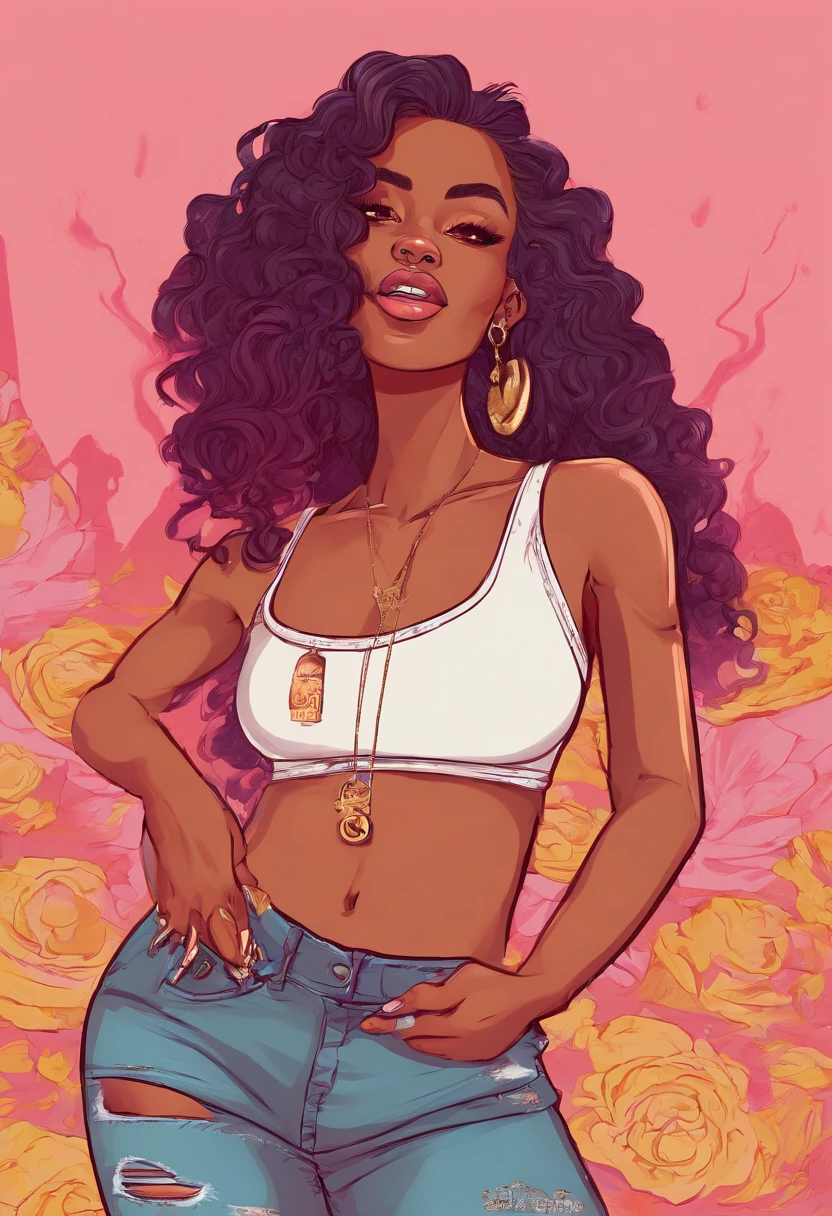 there is a woman with long hair, light pink background with smoke, from Dominican Republic , sza, gorgeous woman that looks like doja cat, long curly hair, ☁🌪🌆👩🏾, she is wearing a white tank top and jean shorts , black hair, black long curly hair, young black woman, milf, voluptuous body, thick thighs, big breasts