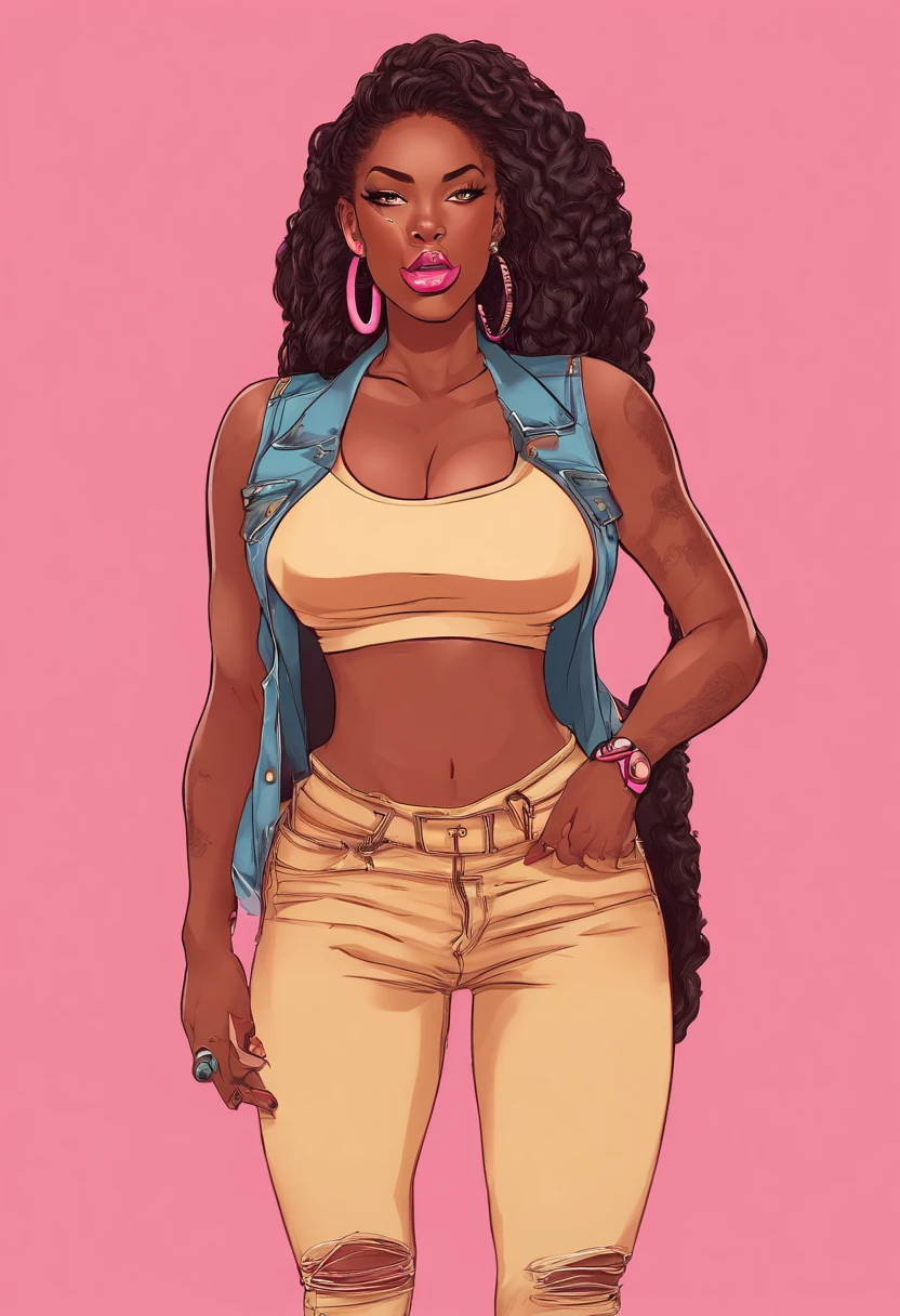There is a woman with long hair, All light pink background with smoke, from the Dominican Republic, licking her lips, SZA, mulher linda que se parece com o gato doja, cabelos longos e cacheados, She's wearing a white tank top., shorts jeans e colar dourado , cabelos pretos, preto longo cabelo encaracolado longo, young woman, MILF, corpo voluptuoso, coxas grossas, seios grandes