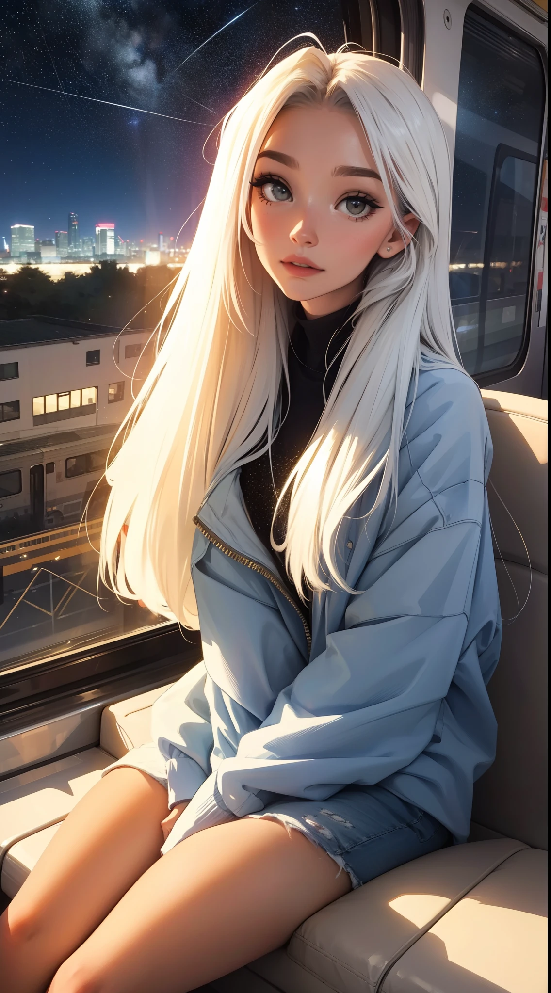 train,  sitting by the window,  pose pensives, Look at the stars, Head glued to the glass, Landscape passing by at high speed, voyage de nuit, beautiful starry sky, Une belle fille avec, UHD Portrait, (High quality) (ultra details) Regarder le spectateur en tenue de ville de style hip-hop; different, colourfull, very white and colored long hair 🌈