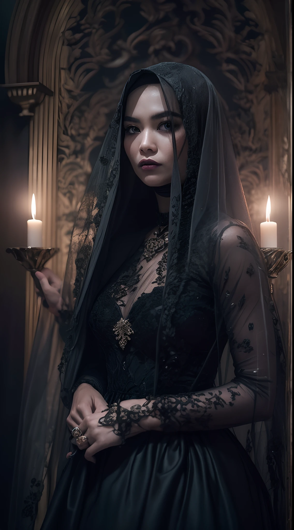 Capture a hauntingly beautiful portrait of the Malay woman in a gothic-inspired,white long hair, black lace gown with a veil, set within a mysterious and eerie mansion, where candlelight casts eerie shadows, creating an atmosphere of dark, Gothic horror.