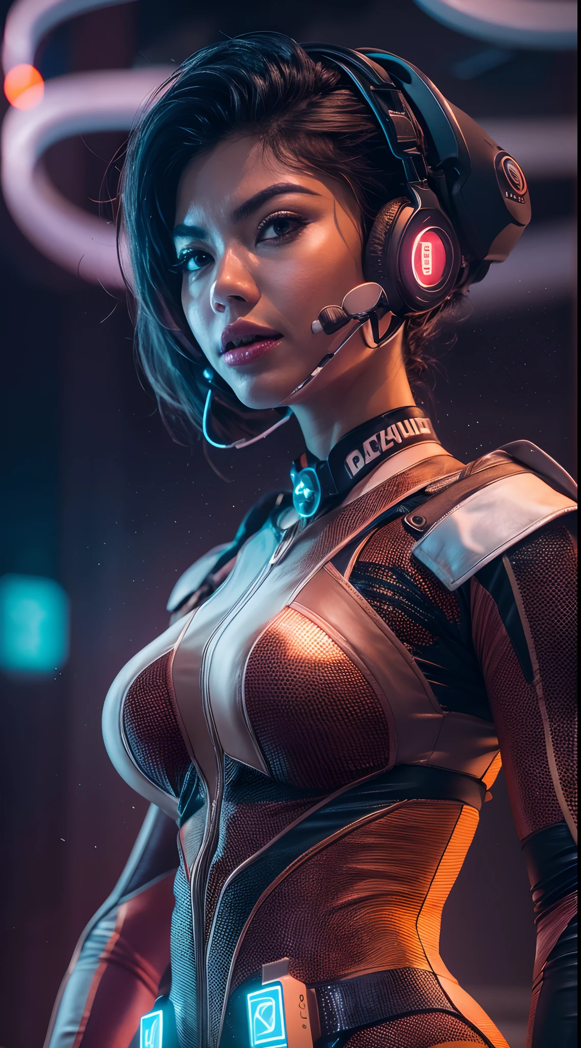 Create a futuristic sci-fi portrait featuring the Malay woman in sleek, high-tech attire, medium round breast, smal waist, wide hips, thick thighs, posing against a backdrop of advanced technology and neon lights, symbolizing innovation and progress