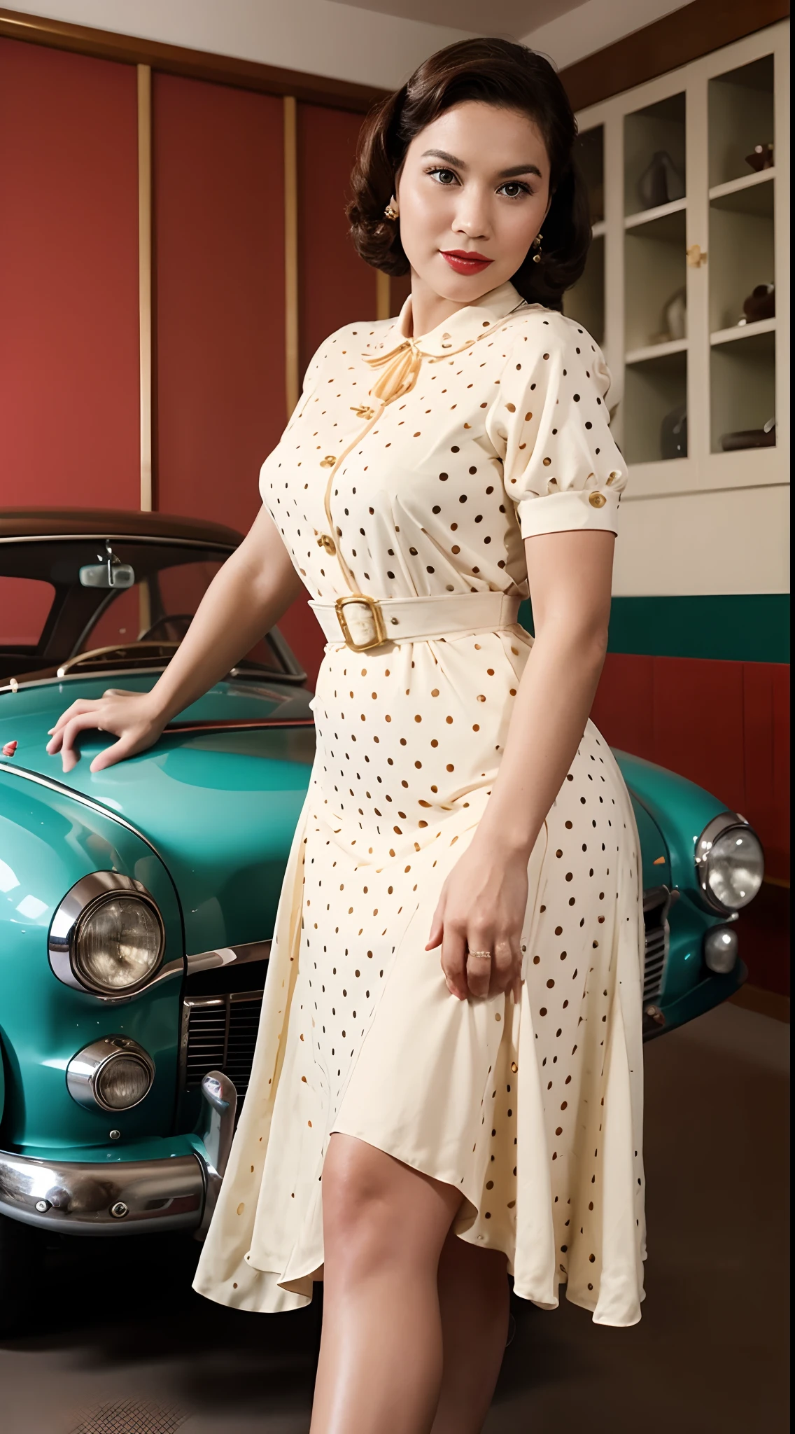 Design a glamorous vintage pin-up portrait where the Malay woman wears a classic 1950s polka-dot dress with a cinched waist and poses beside a retro car, evoking the charm of a bygone era.