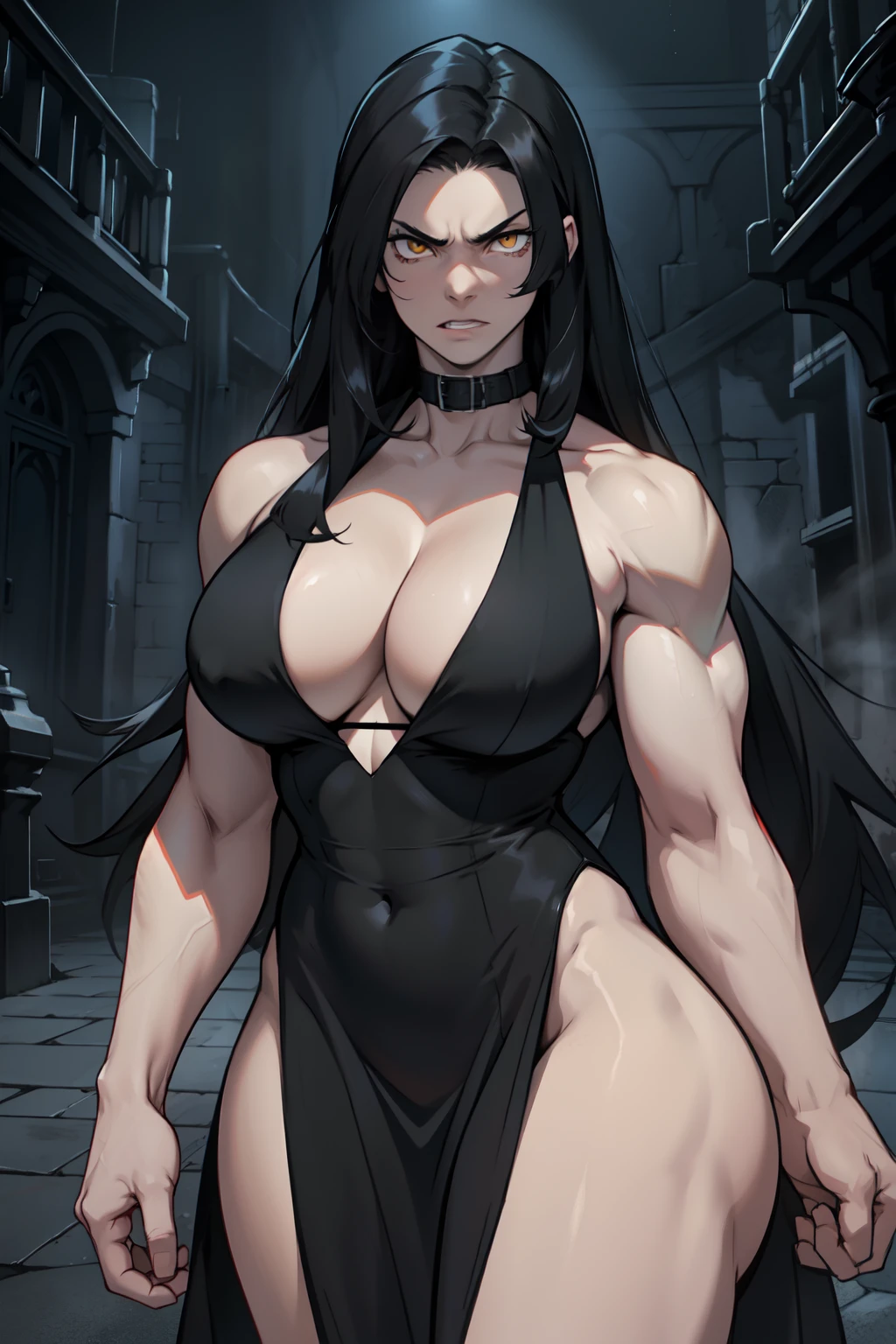 pale skin muscular toned body bodybuilder huge breasts black hair yellow eyes angry 1girl long black dress cowboy shot very long hair kingdom hall background dark atmosphere deep cut cleavage
