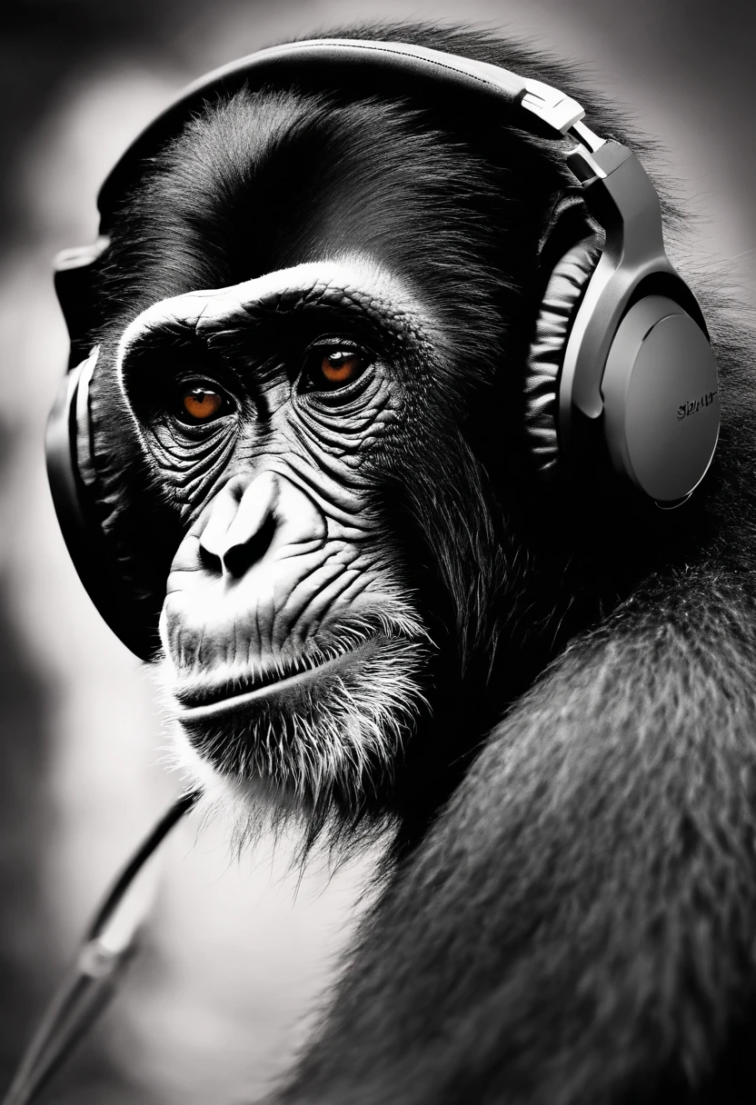 Sur un fond violet, Drawing of a monkey head in profile in black and white with Bluetooth headphones