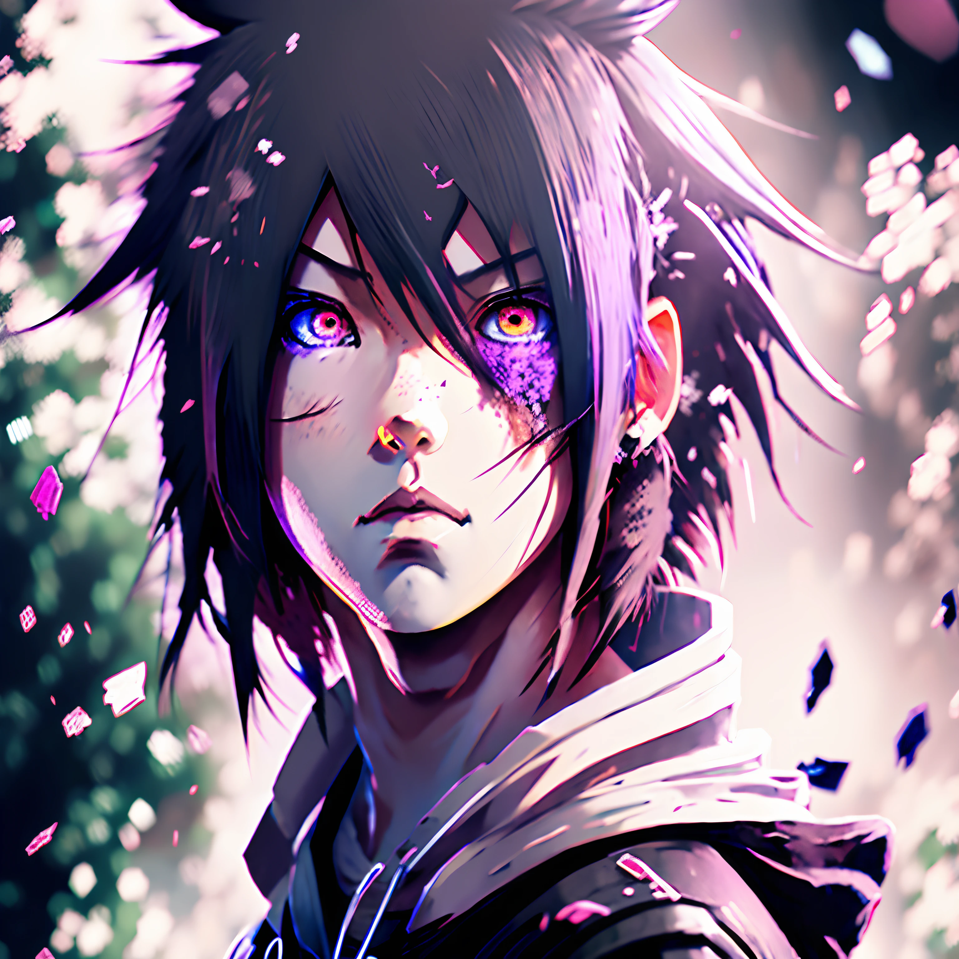 Sakura Uchiha in the hood, Black and pink hair, one green eye, one red eye