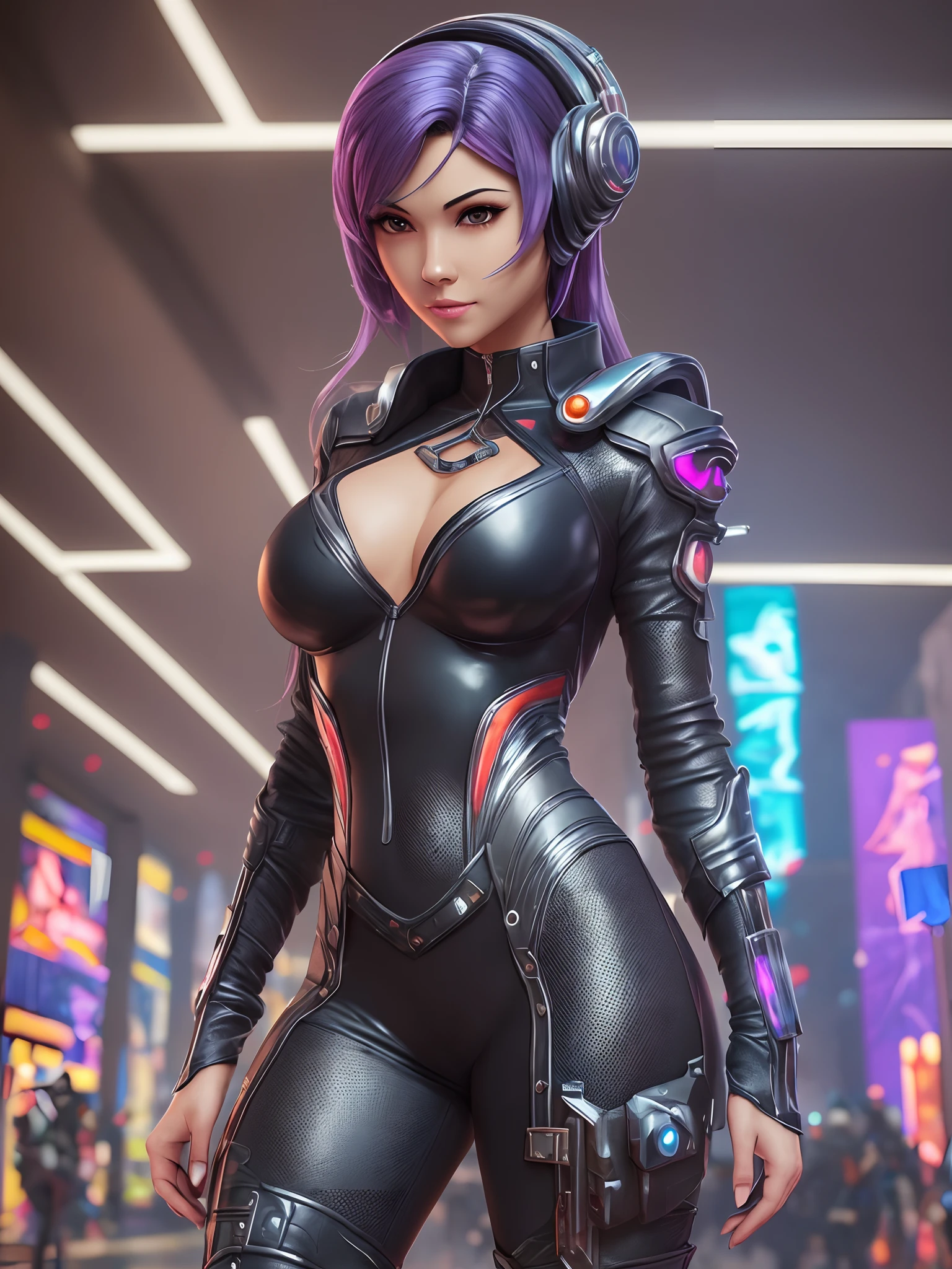 ((Masterpiece)), (Detailed: 1.4), 3D, cyberpunk, a beautiful woman with medium chest, with extremely colourful cosplay bodysuit (shiny:1.2) --auto --s2