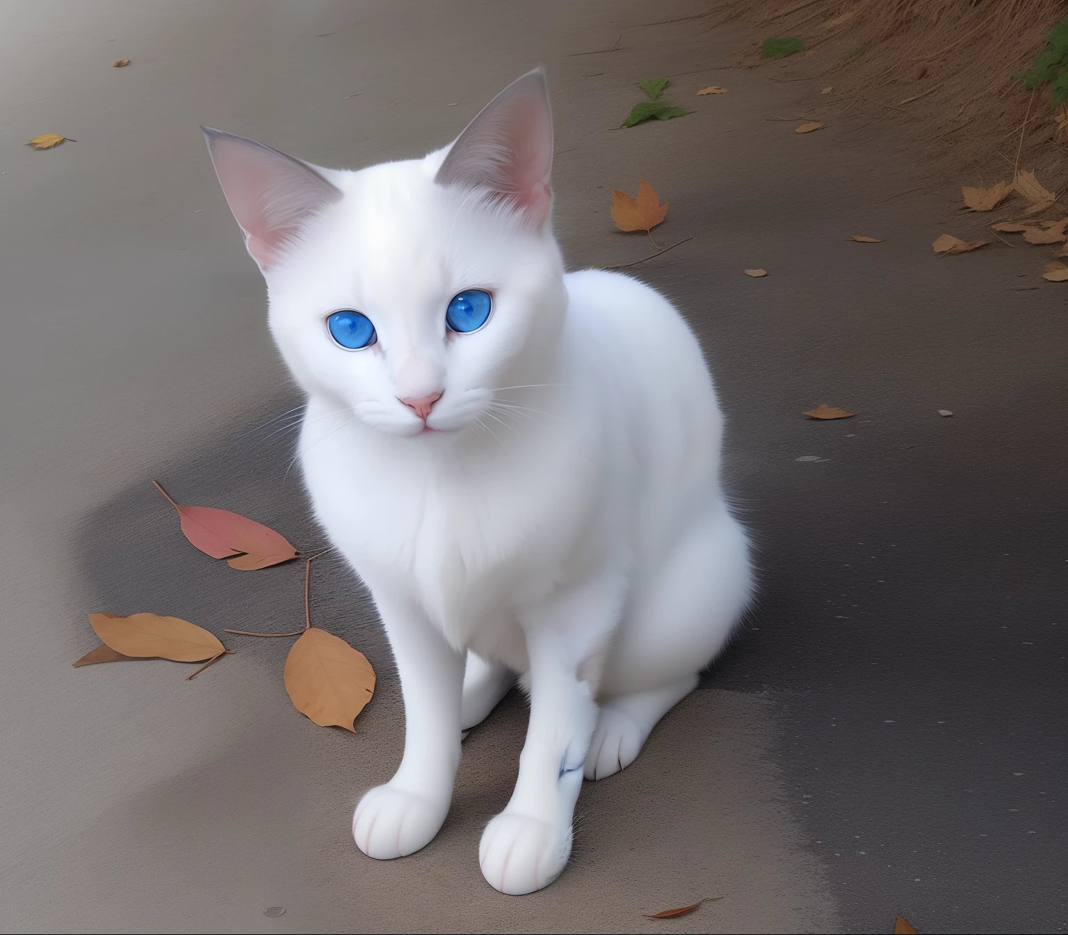 There's a white cat sitting on the ground with leaves, pale blue eyes!, olhos azuis, Pequenos olhos azuis, aesthetic siamese cat, bela imagem de vira-lata, Branco ( Gato ) garota, China olhos azuis, olhos azuis!, com olhos azuis, pale blue eyes, Azul bonito - olhos, olhos azuis!!, has two adorable blue eyes, com olhos azuis!!!!