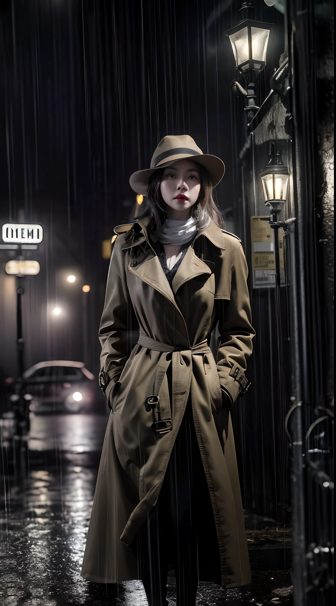 Create a dramatic film noir scene with the Malay woman in lingerie with classic trench coat and fedora, wide hips, thick thighs, small abs, small waist, standing under a dimly lit street lamp in the rain, capturing the essence of a vintage detective movie