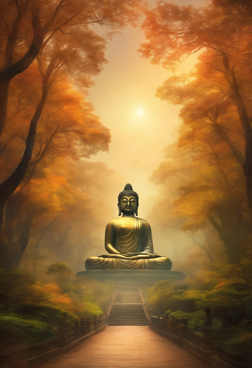 Giant Buddha statue in the distance,Golden Buddha statue, Texture, Tall, Majestic, inverted image, The background is illuminated by sunlight, Towering trees, Pilgrims walk the road. The composition is beautiful, With masterpieces, Details, and high definition