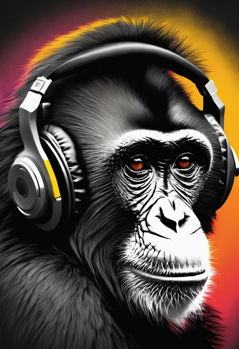 Drawing of a monkey head in profile in black and white with Bluetooth headphones on a brightly colored background