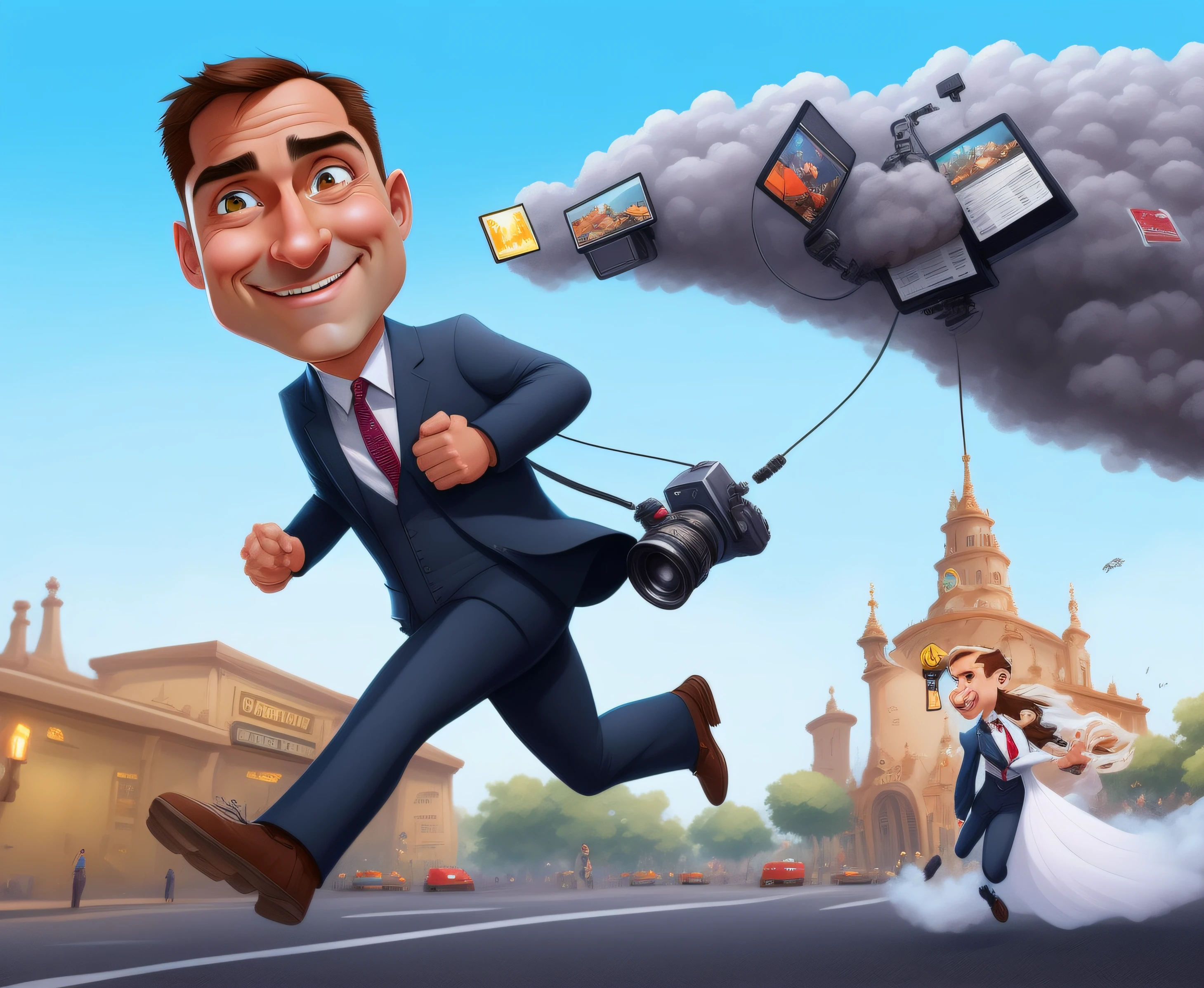 Cartoon of a man in a suit running with a camera and a cloud of smoke, Fotoataque, Rob McNaughton, Pintura digital de dibujos animados, Renderizado Toon, inspirado por Patrick Brown, Arte digital de dibujos animados, Caricatura de arte digital, Imagen profesional, en estilo de dibujos animados, Tony Sart muy detallado, amazing professional picture, foto realista, caricature illustration, Arte de pintura de dibujos animados digitales