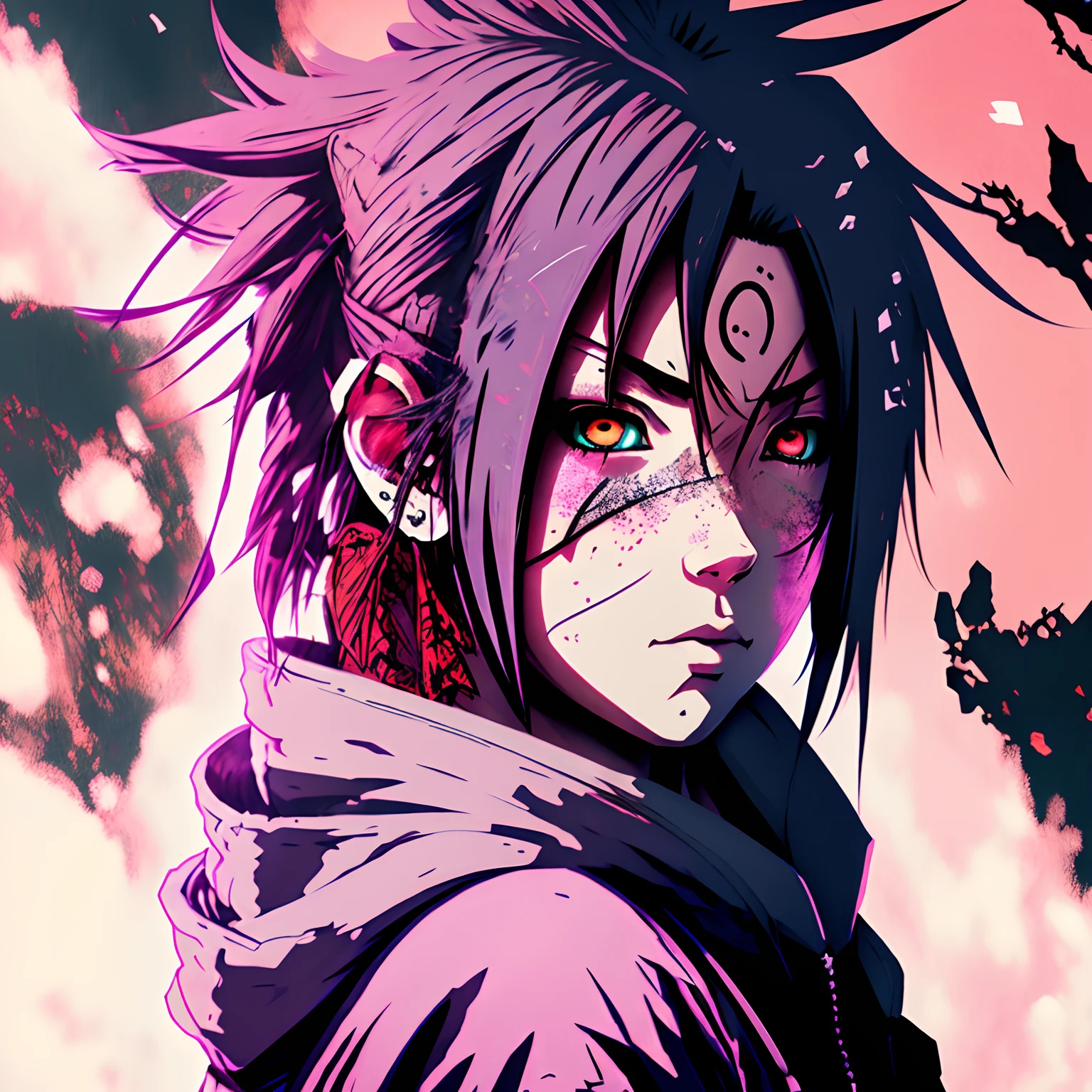 Sakura Uchiha in the hood, Black and pink hair, one green eye, one red eye