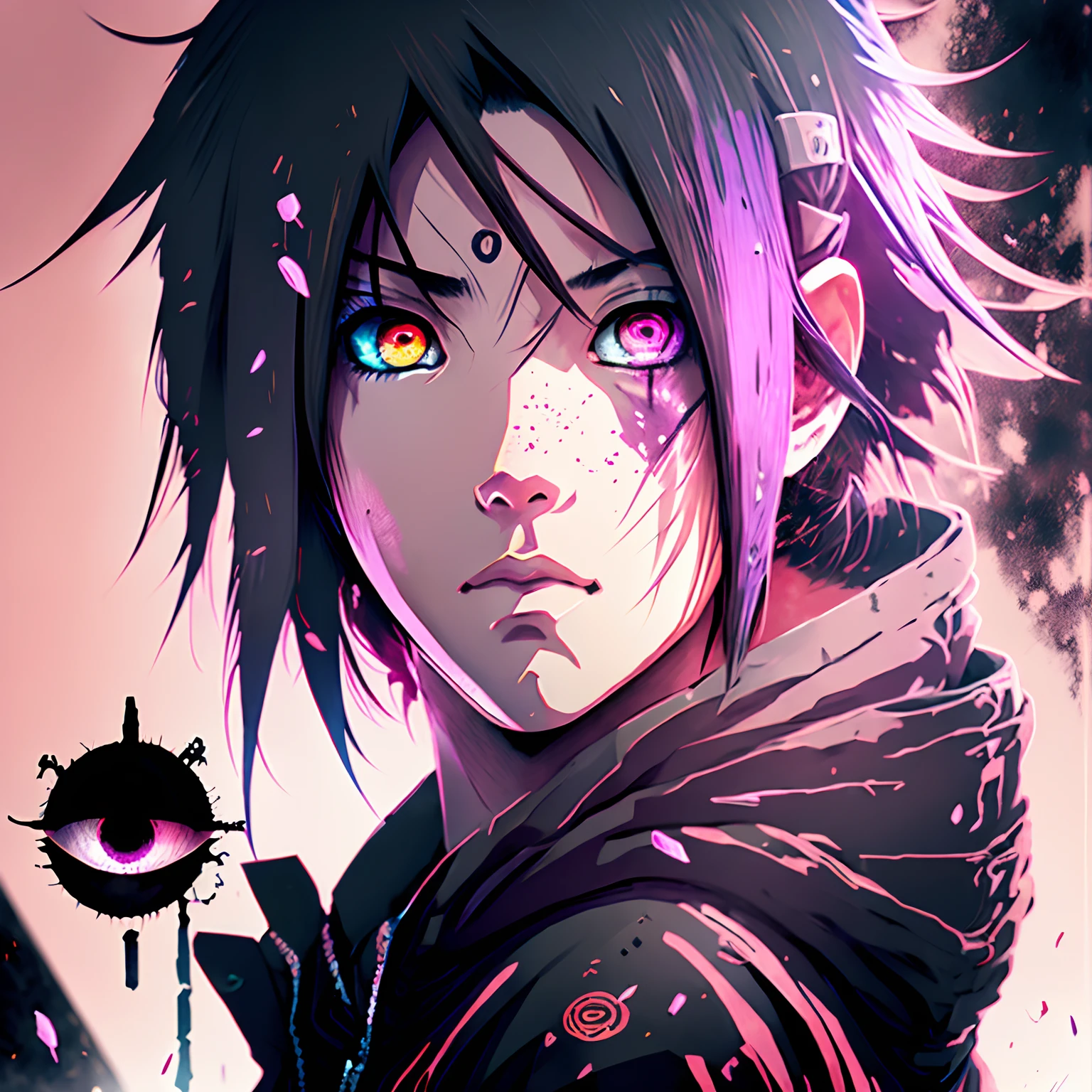 Sakura Uchiha in the hood, Black and pink hair, one green eye, one red eye