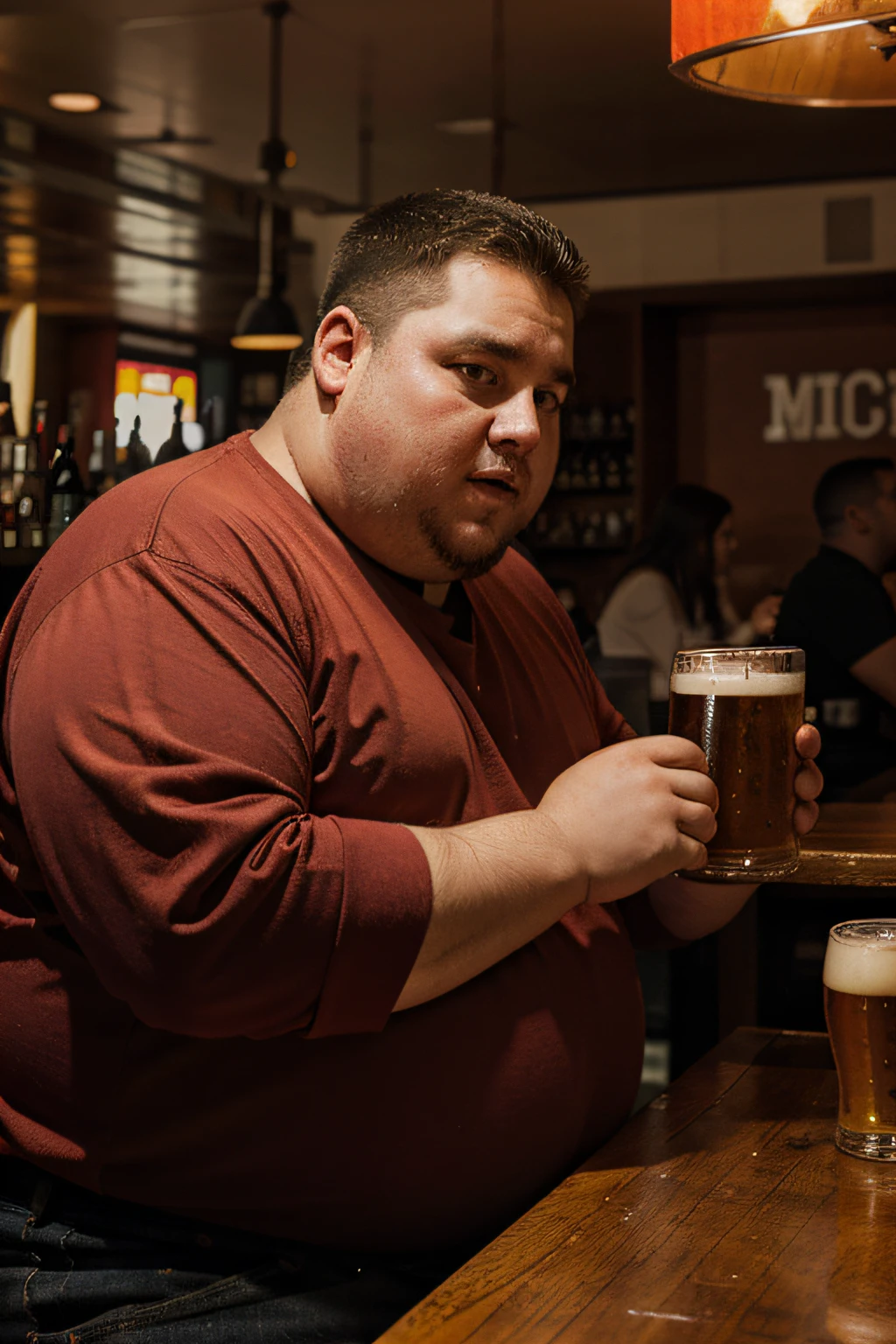 An obese man wearing red clothes is drinking beer inside a bar.