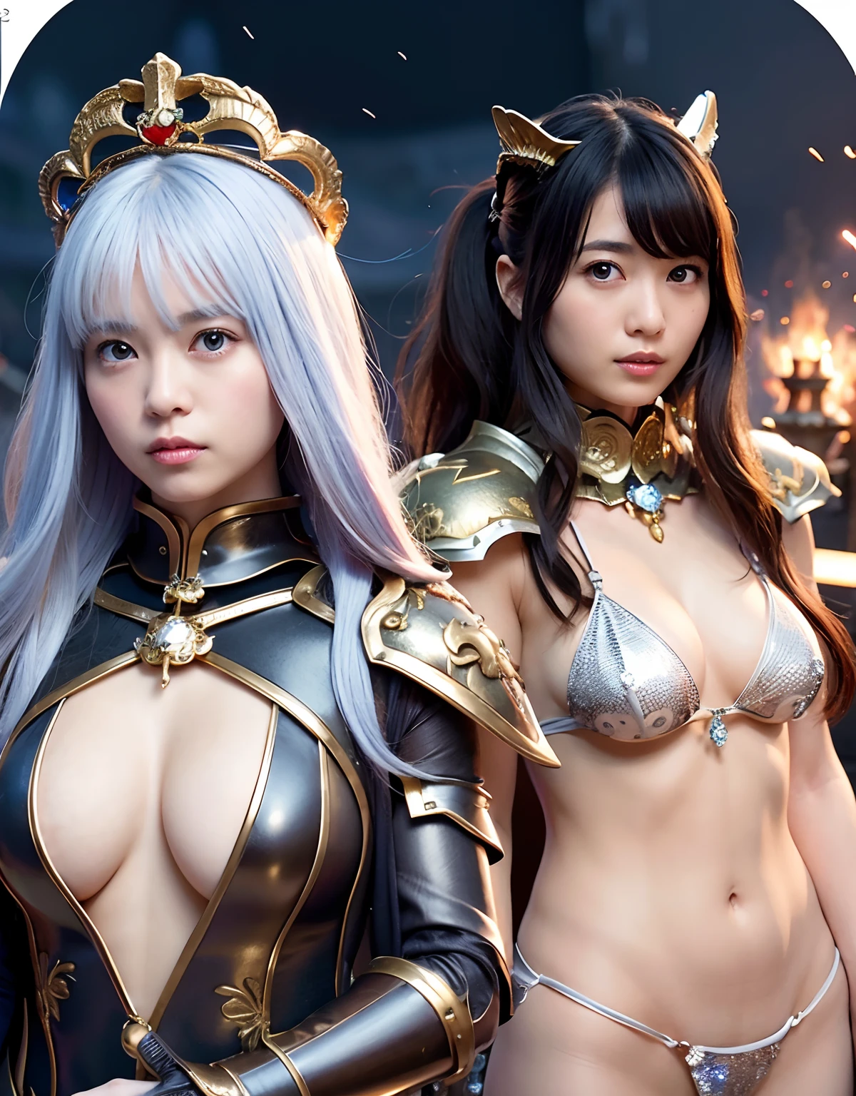 Professional , masterpiece、top-quality、photos realistic , 、top-quality、超A high resolution、(Photorealsitic:1.4)、Raw photo、depth of fields (Gemstone Gold Metal Body:1.9),(Matte White、Toostock、heavy breasts、(cleavage of the breast)、(((Micro Bikini Armor))),(Detailed Dragon Armor)、(Have the strongest weapon)、((Random Hairstyles 1.6),Dark Fantasy,)explosions、intense fighting、(Precipitous cliffs),Dragon Gold Weapon,Mystical expression、Particles of light、Fight dragons、(Detailed Dragon Helmet),Gorgeous Silver Weapons ,(( Dragon's dense and gorgeous sword)) , Beautiful knife ,warhammer 40k ,Detail and gorgeous tiaras、((Blue hair))、(Castle background)、、((Gangle's forest background))、Beautiful Caucasian beauty、1a person、dynamic ungle,(((With detailed shielding)))、Smaller head、A smile、Castle background、Thin and beautiful female hands、cleavage of the breast、Soldier in iron armor on background、Mystical expression、Light Effects、intense fighting、Wind-effect、magic circles、With the legendary magic wand、(demonic wings)、Toostock、