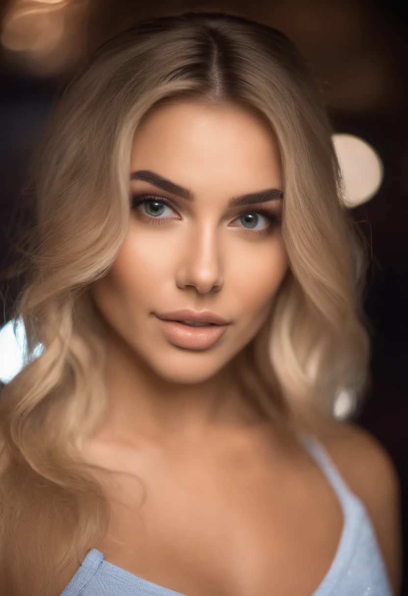blonde woman with matching tank top and skirt posing at a night club, fille sexy aux yeux bleus, Portrait Sophie Mudd, blur background, best quality, 1girl, Portrait de Corinna Kopf, cheveux blonds et grands yeux, selfie of a young woman, ohne Maquillage, maquillage naturel, Look directly into the camera, Visage avec Artgram, dezentes Maquillage, Superbe photo du corps entier, dans la chambre, Gros seins, Blonde, latina