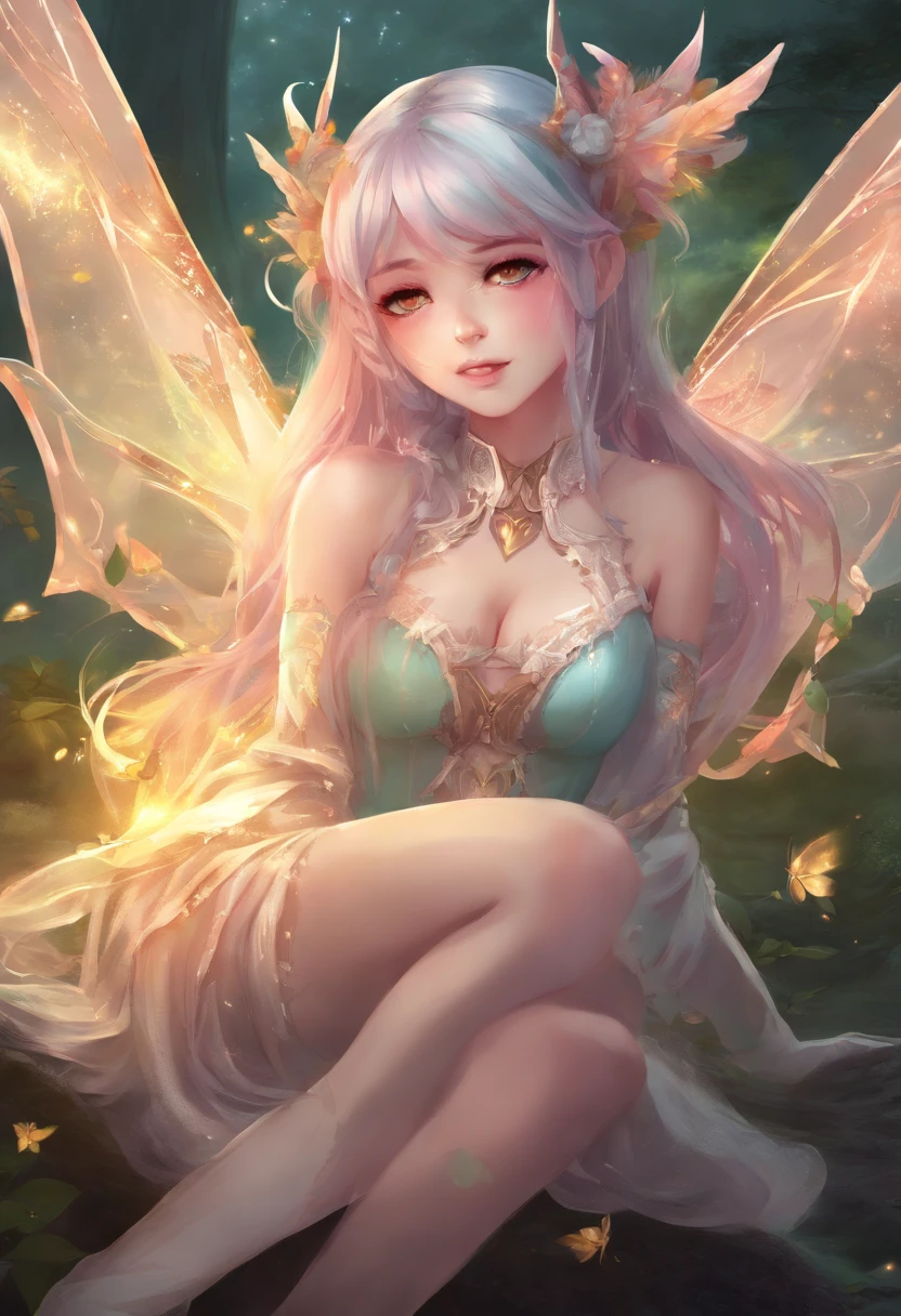 {1girl}, {{adult}}, {vampire}, {{fairy}}, {elf}, samurai, magical_girl, {{tattoo}}, HDR,UHD,8K, slender, medium breasts, Fairy wings, kneeling, elf ears, golden eyes, fangs, lipstick, light smile, smile, seductive smile, blush, twintails, long hair, aqua hair, transparent clothes, lace trim, knee boots, torn pantyhose, breast_grab, ass, forest, shiny skin, groping, spanked