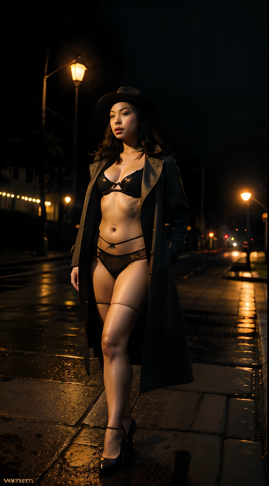 Create a dramatic film scene with the Malay woman in lingerie with classic trench coat and fedora, wide hips, thick thighs, small abs, small waist, standing under a dimly lit street lamp in the rain, capturing the essence of a vintage detective movie